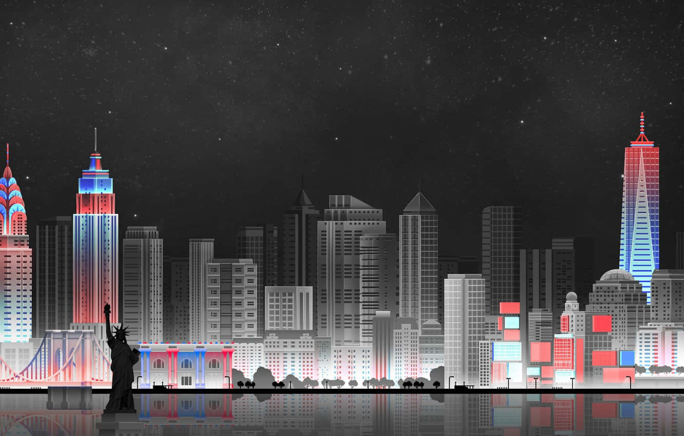夜間城市天際線，建築物和雕像在水中的倒影在星空下。