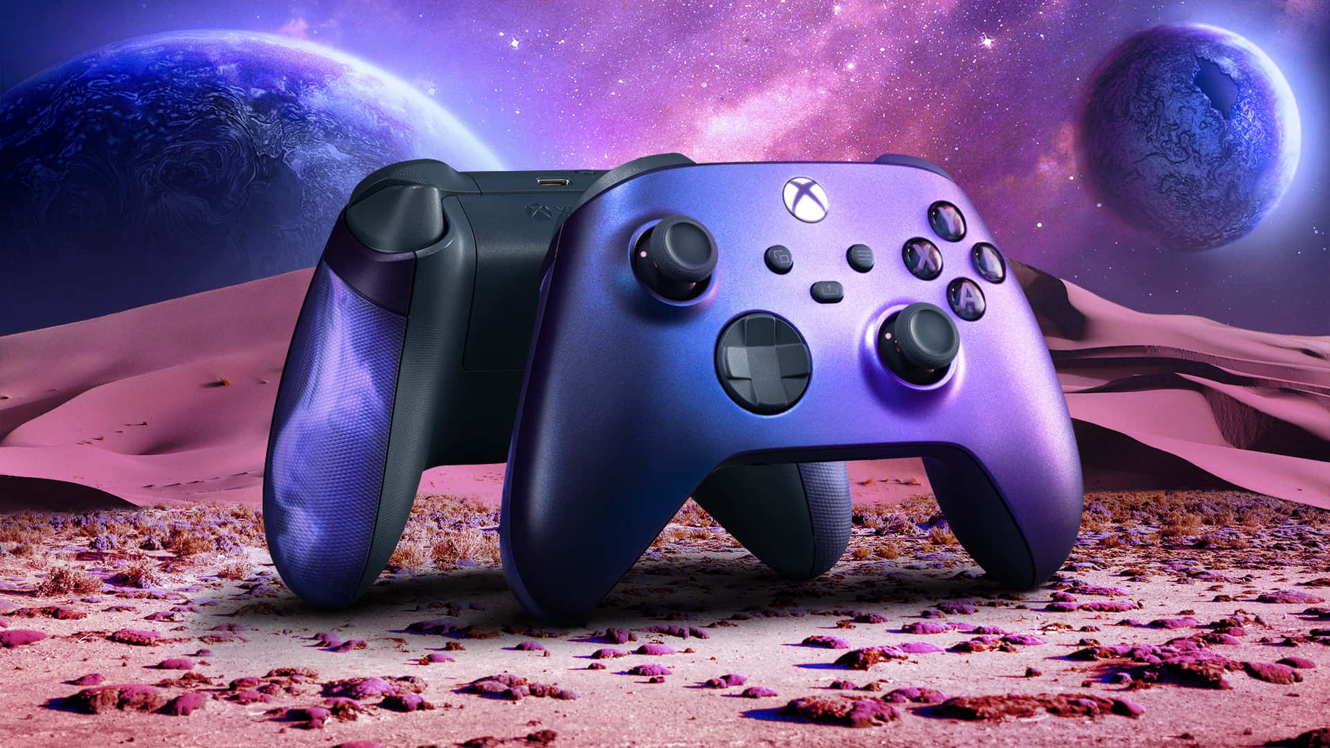 外星行星上嘅紫色Xbox手掣，有發光行星同星星