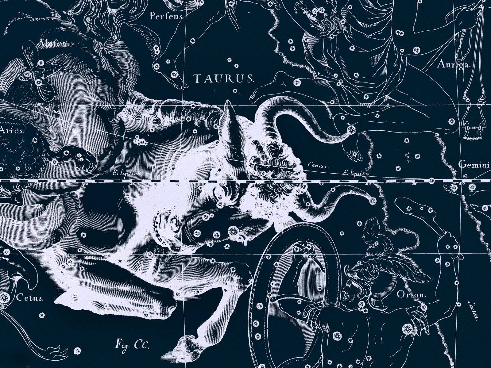 復古星圖，顯示金牛座星座及神話人物，並標示星座。