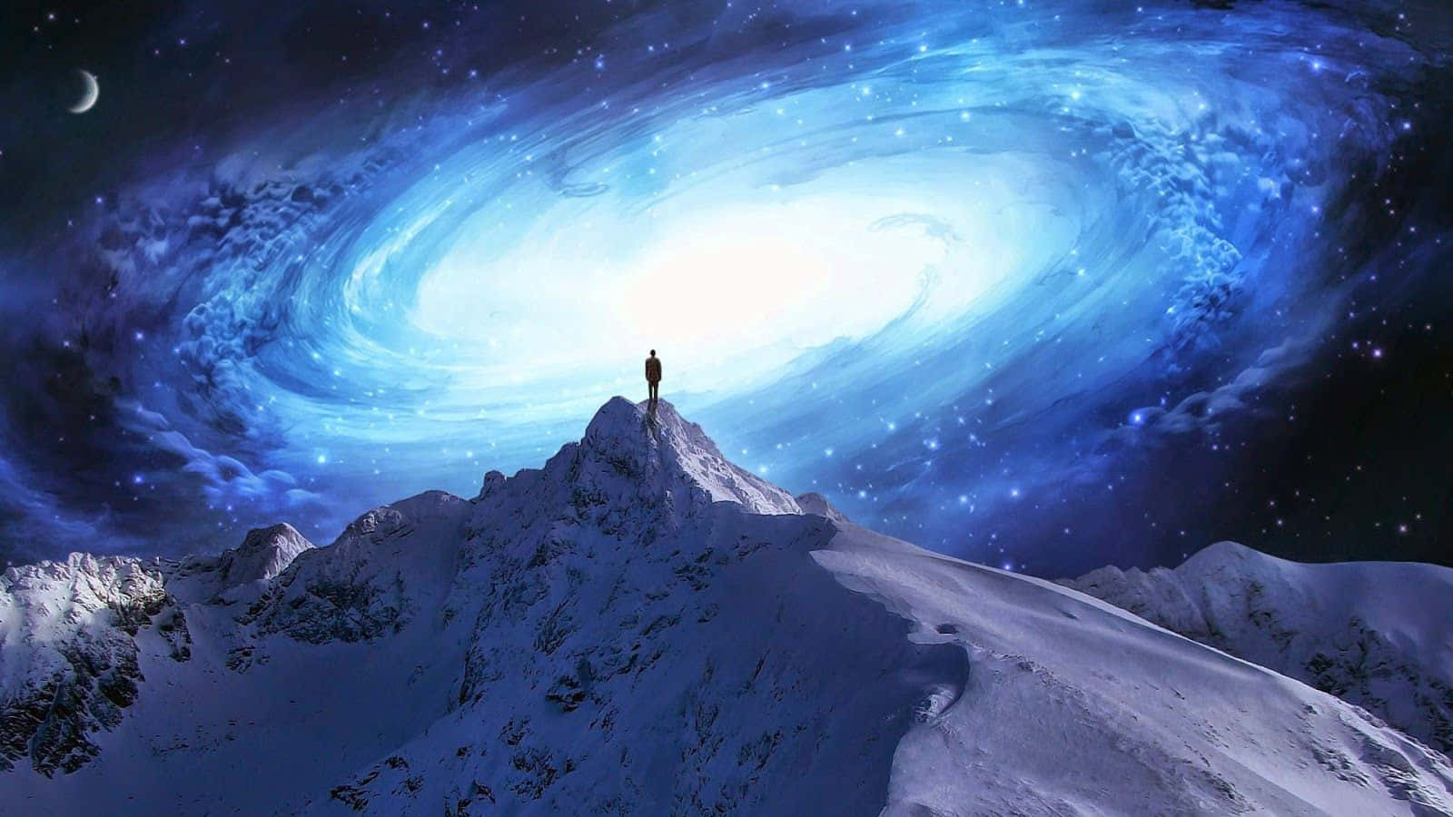 人站在積雪的山頂上看著發光的藍色螺旋星系