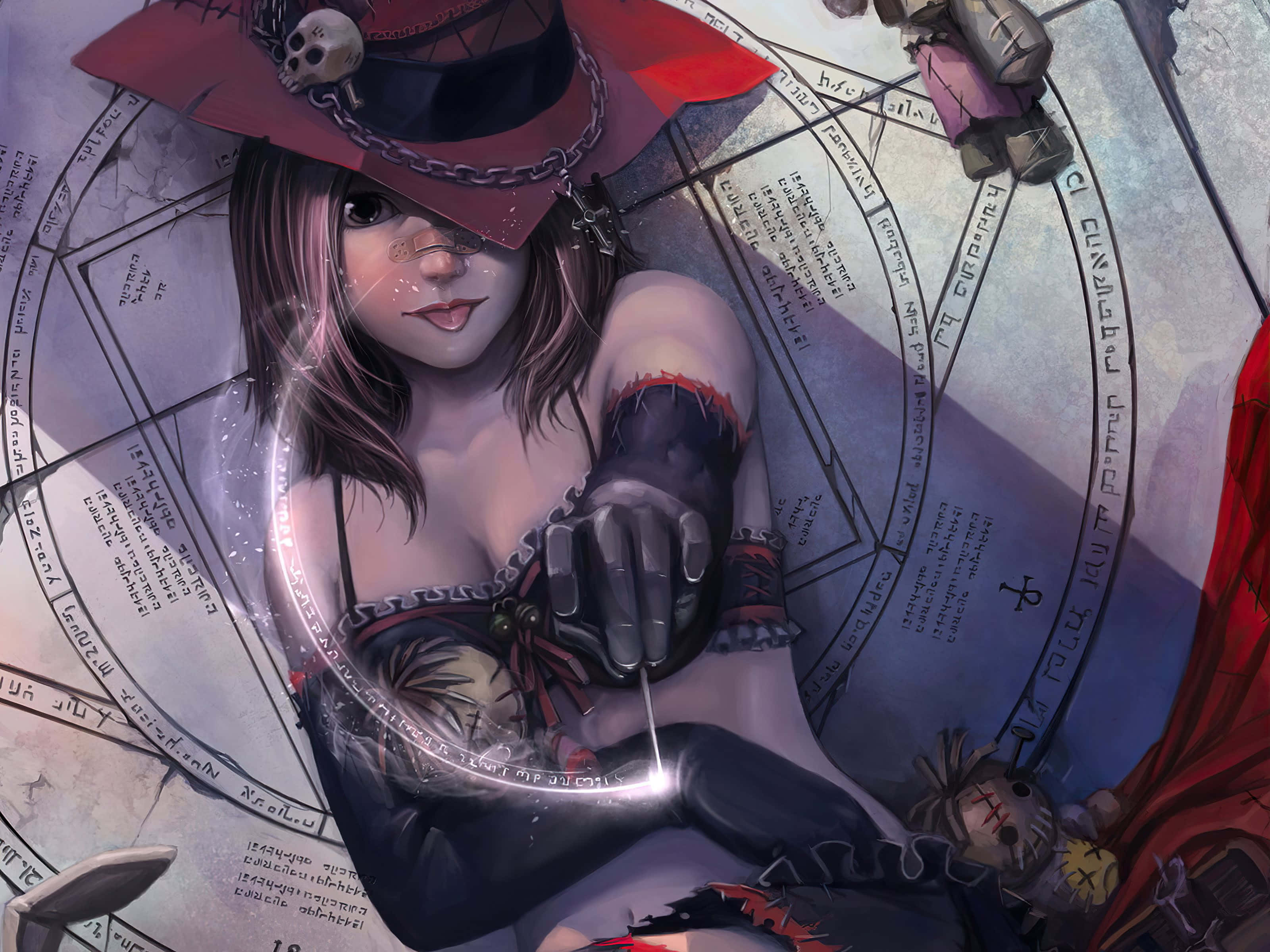 擁抱魔法：女巫握著她的魔法法杖 壁紙 — 一位戴著帶有骷髏標誌的紅色帽子的女巫，在一個古老的圓形符印上施展發光的咒語。