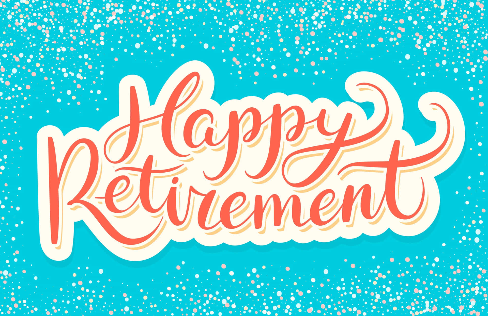 Happy Retirement 賀卡，在藍綠色紙屑背景上帶有珊瑚色字體。