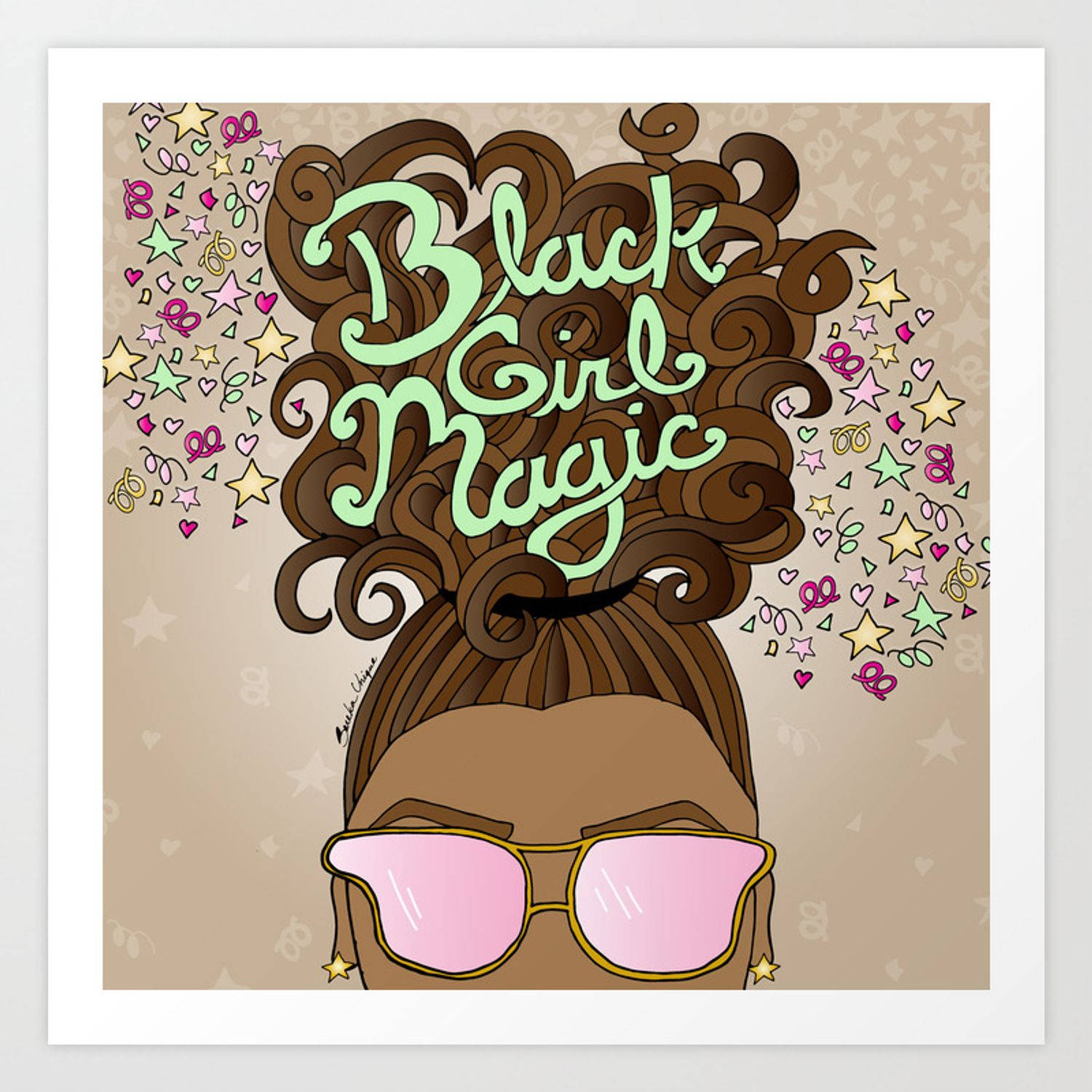 一位黑人女孩，擁有捲曲頭髮和粉紅色太陽眼鏡，散發著Black Girl Magic，周圍環繞著星星和心形。