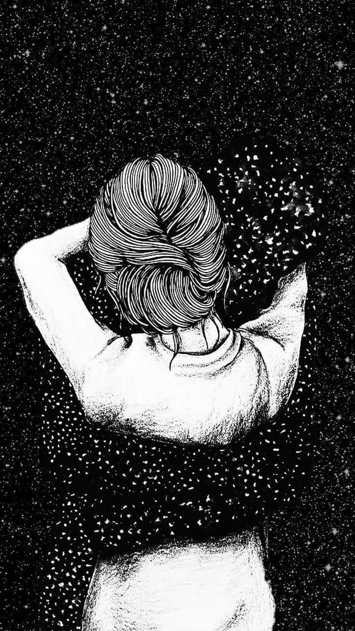 在繁星夜空下雙手放在頭髮中的人物黑白線條藝術。