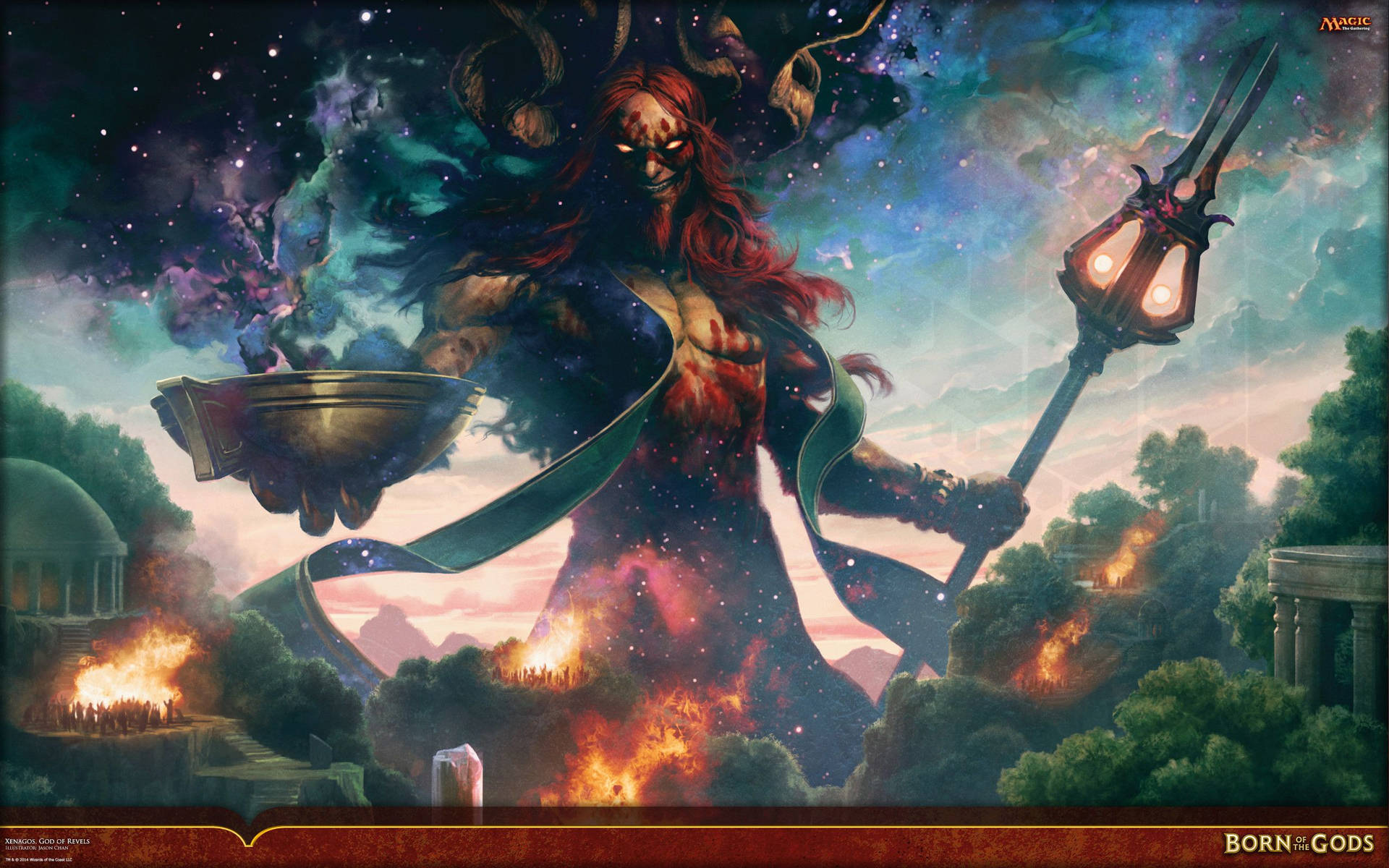 一個發光眼睛的惡魔神，在星空下燃燒的廢墟中手持法杖和碗。