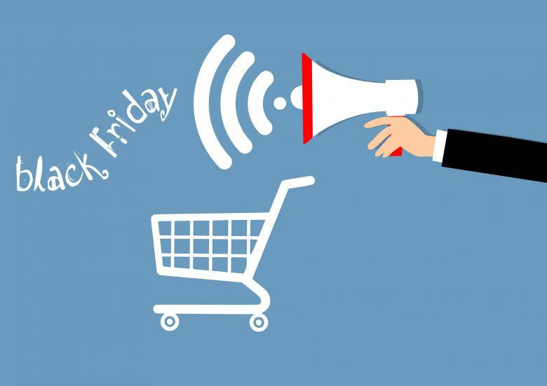 手拿擴音器向購物車圖示大喊black friday。
