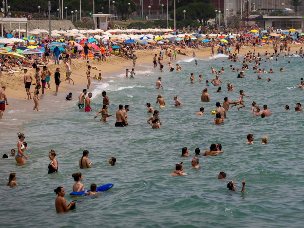 Spanish Beach 桌布 壁紙 — 擁擠的海灘場景，人們在陽光明媚的日子裡在彩色遮陽傘下游泳和曬太陽。