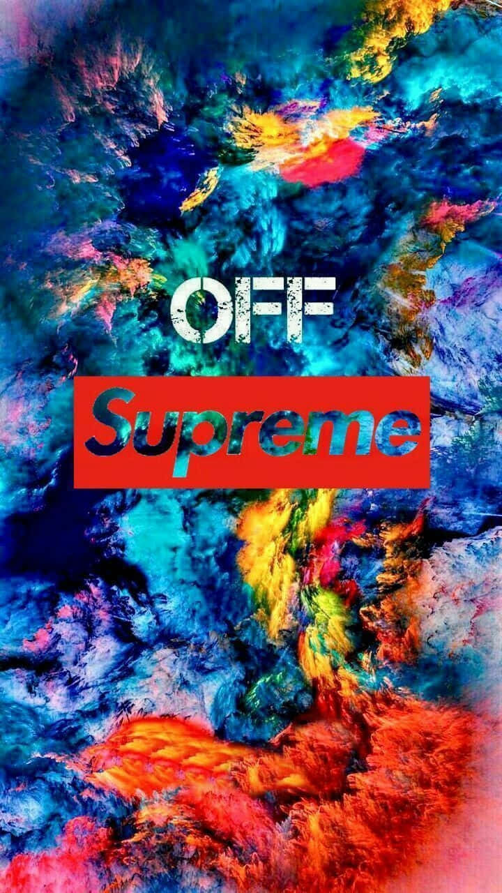 擁有Swag iPhone的經典時尚造型 壁紙 — 充滿活力的抽象油漆漩渦，以電光藍、紅和黃色勾勒出一個破舊的OFF Supreme標誌。