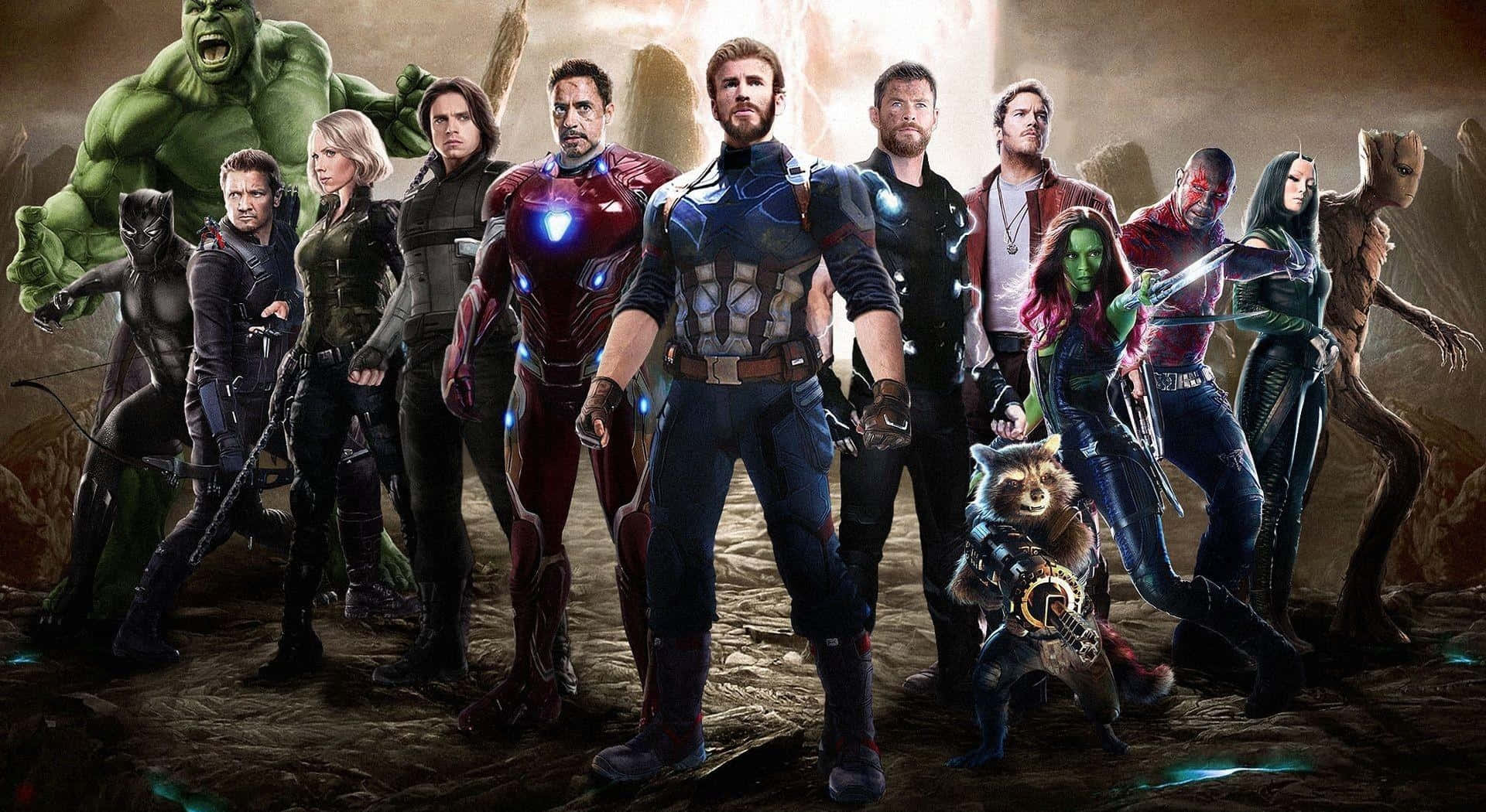 Marvel超級英雄團隊在岩石地形上擺出戰鬥姿勢。