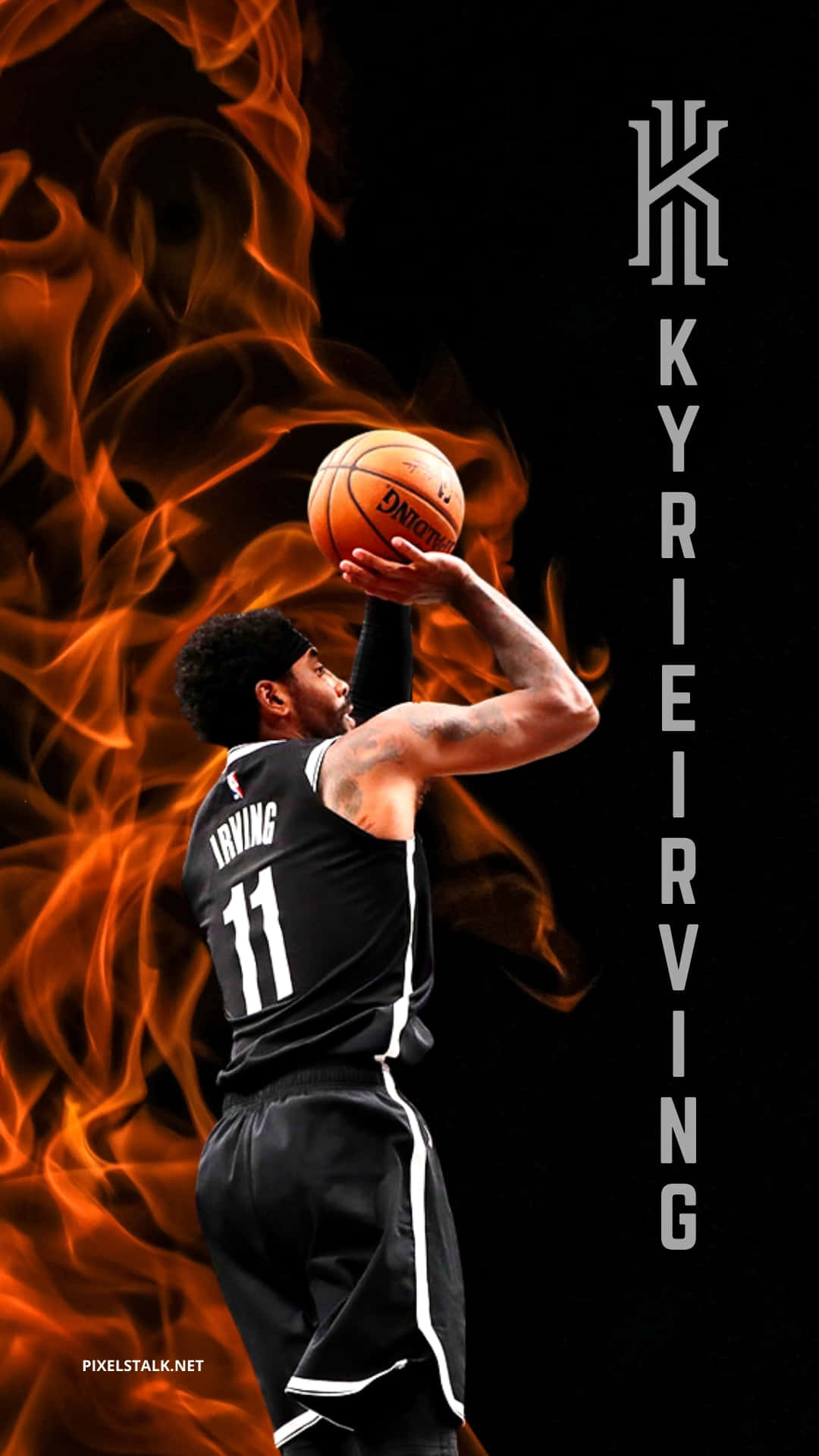 Kyrie Irving 在熾熱背景下投籃籃球。