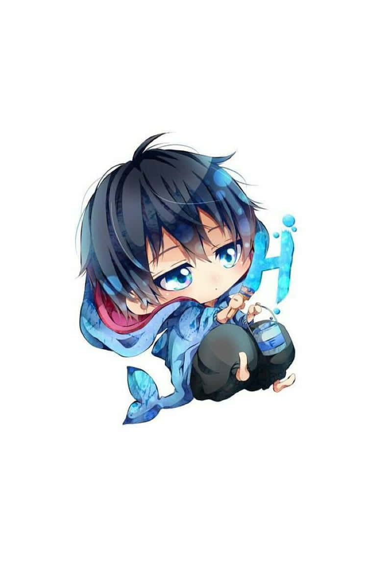 藍髮藍尾的Q版動漫男孩拿著一個水樽。