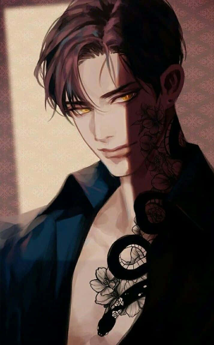 動漫男子，擁有發光的琥珀色眼睛和花卉紋身，穿著深色外套。