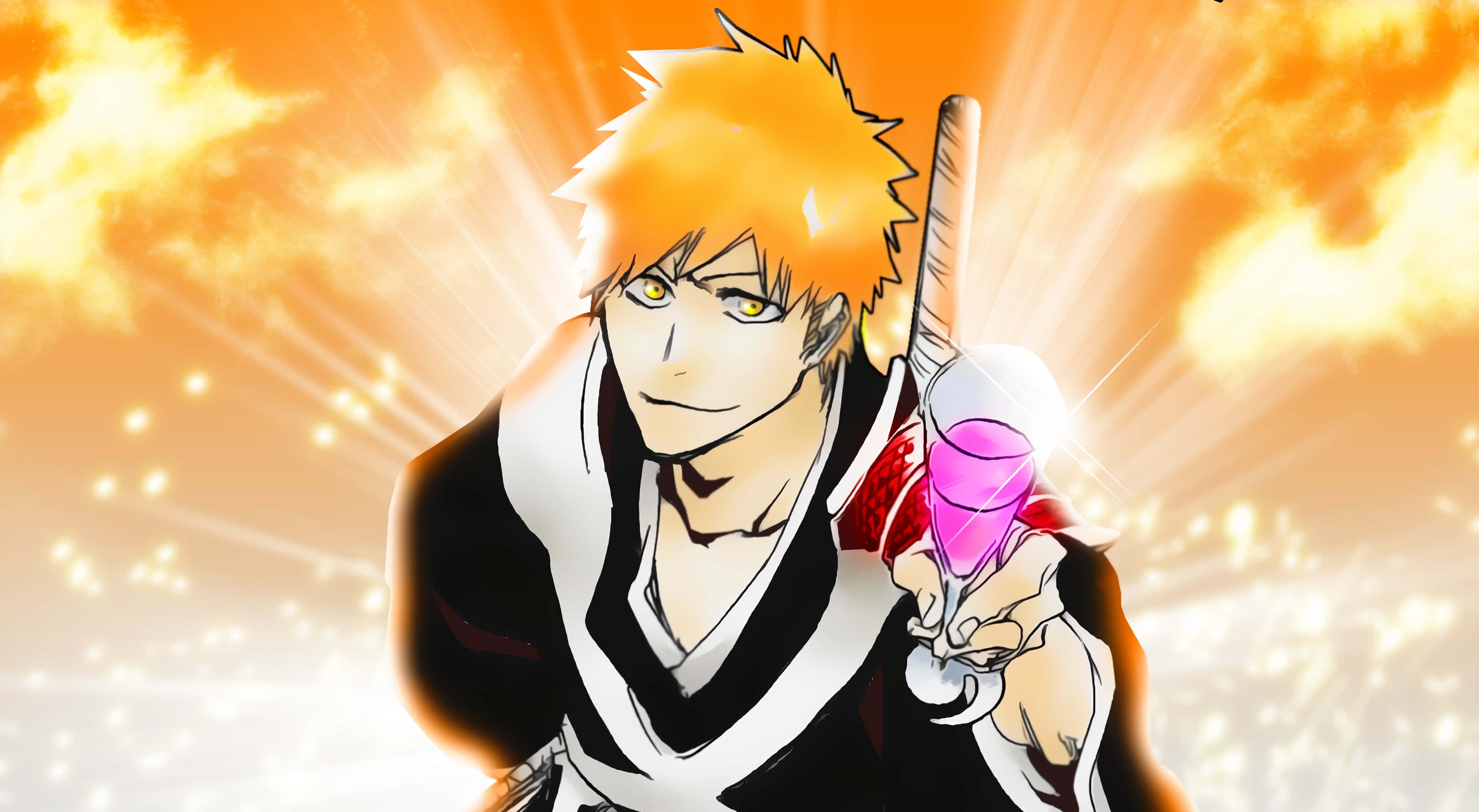 Ichigo 4K 桌布 壁紙 — 擁有尖刺橙色頭髮的動漫角色，在燦爛的橙色天空下揮舞著發光的粉紅色劍。