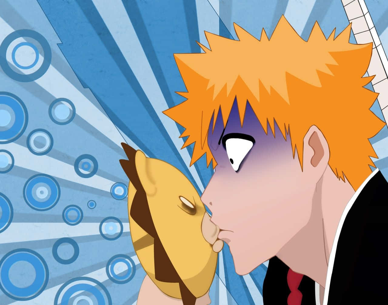 Bleach Kon 桌布 壁紙 — 擁有尖刺橙色頭髮的動漫角色在帶有圓圈的藍色放射狀背景前親吻一隻黃色貓咪般的生物。