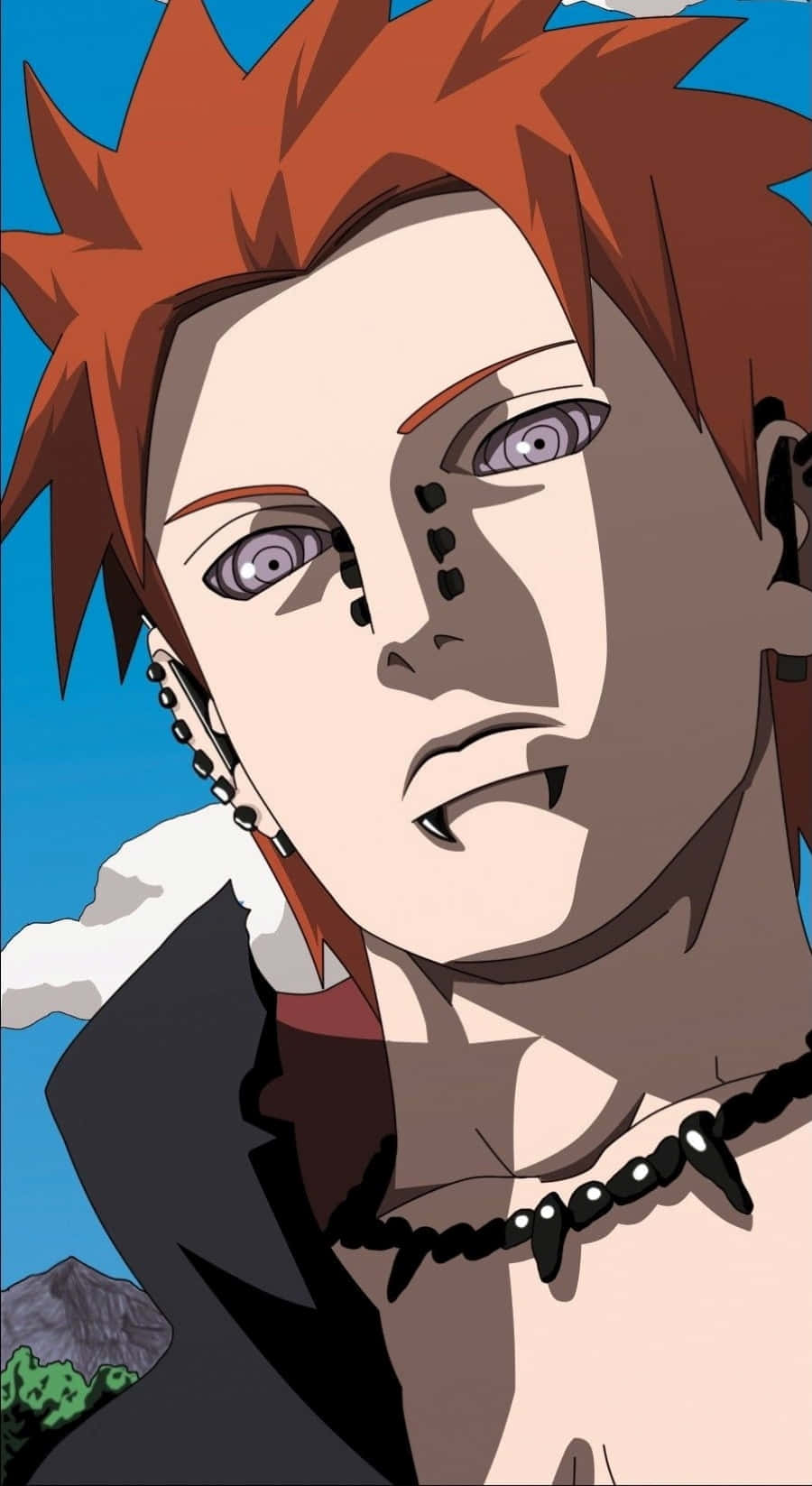 Akatsuki Poster 桌布 壁紙 — 擁有尖刺紅髮和紫色眼睛的動漫角色，在藍天白雲下凝視著。