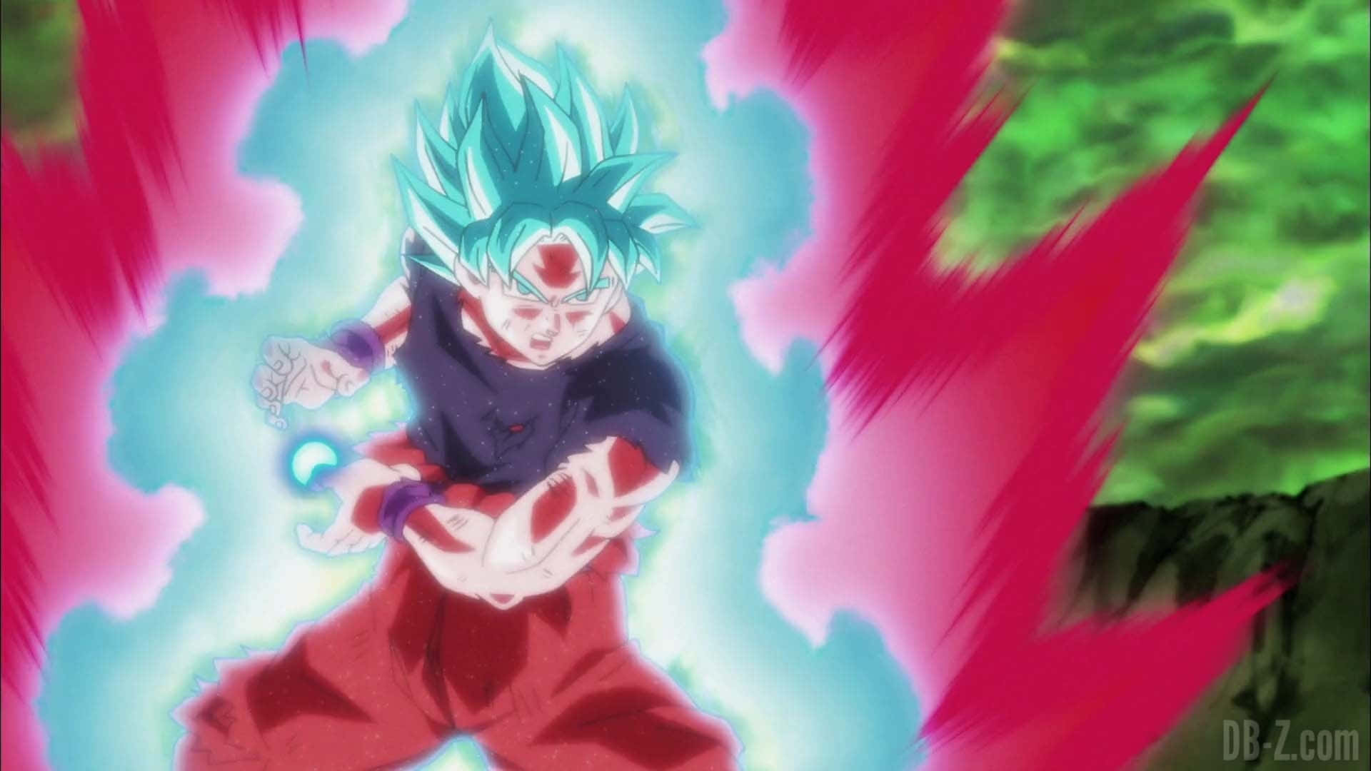 Goku Kaioken 桌布 壁紙 — 擁有尖刺藍色頭髮和紅色標記的動漫角色，在粉紅色和綠色爆發環繞的發光光環中引導能量。
