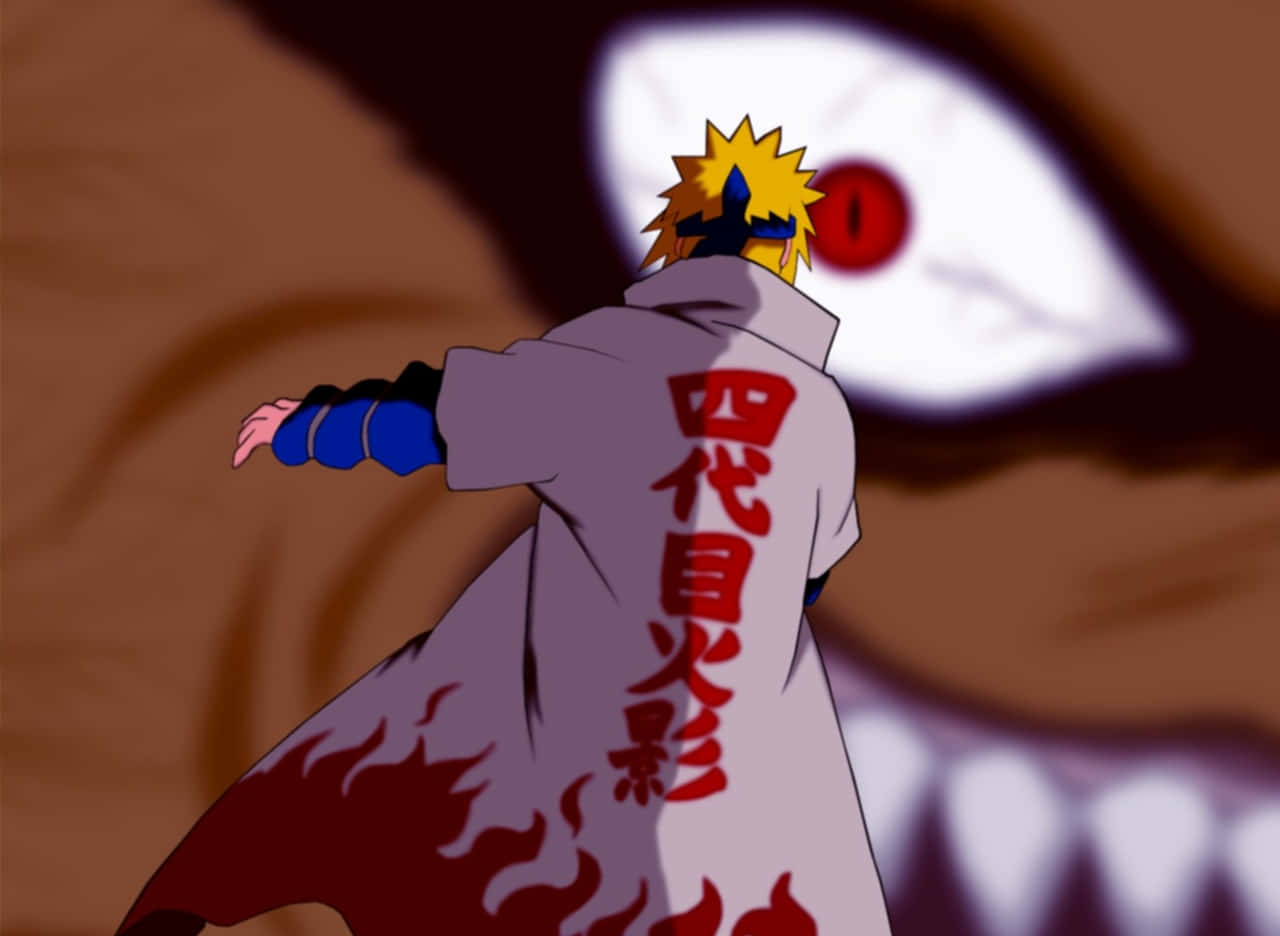 Fourth Hokage 桌布 壁紙 — 擁有尖刺金髮和紅色眼睛符號的動漫角色背光站在一個擁有鋒利牙齒的巨型怪物面孔前。