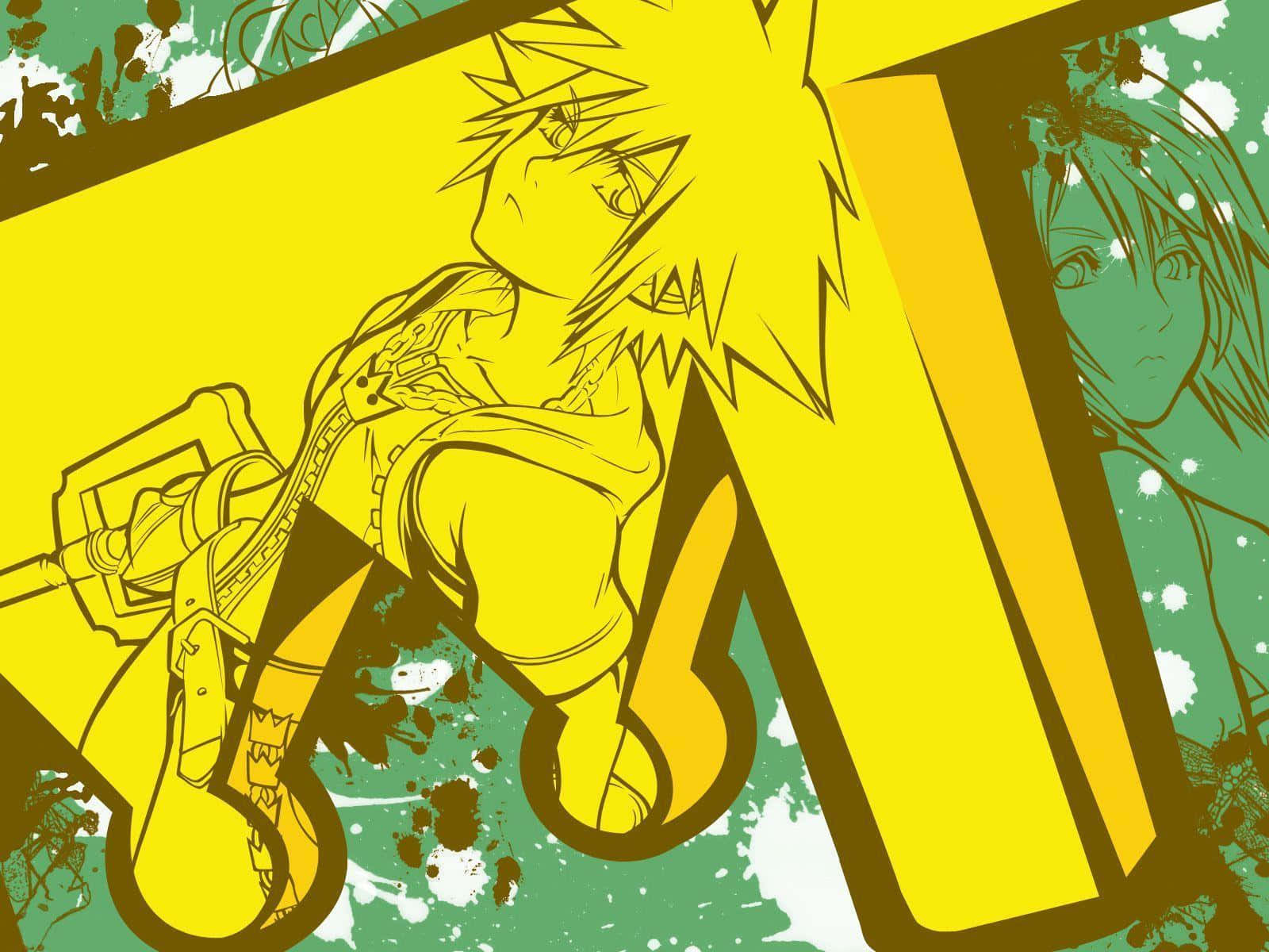 Kingdom Hearts Sora 桌布 壁紙 — 擁有尖刺頭髮和鑰刃的動漫角色，勇敢地站在充滿活力的黃色和綠色潑濺背景前。