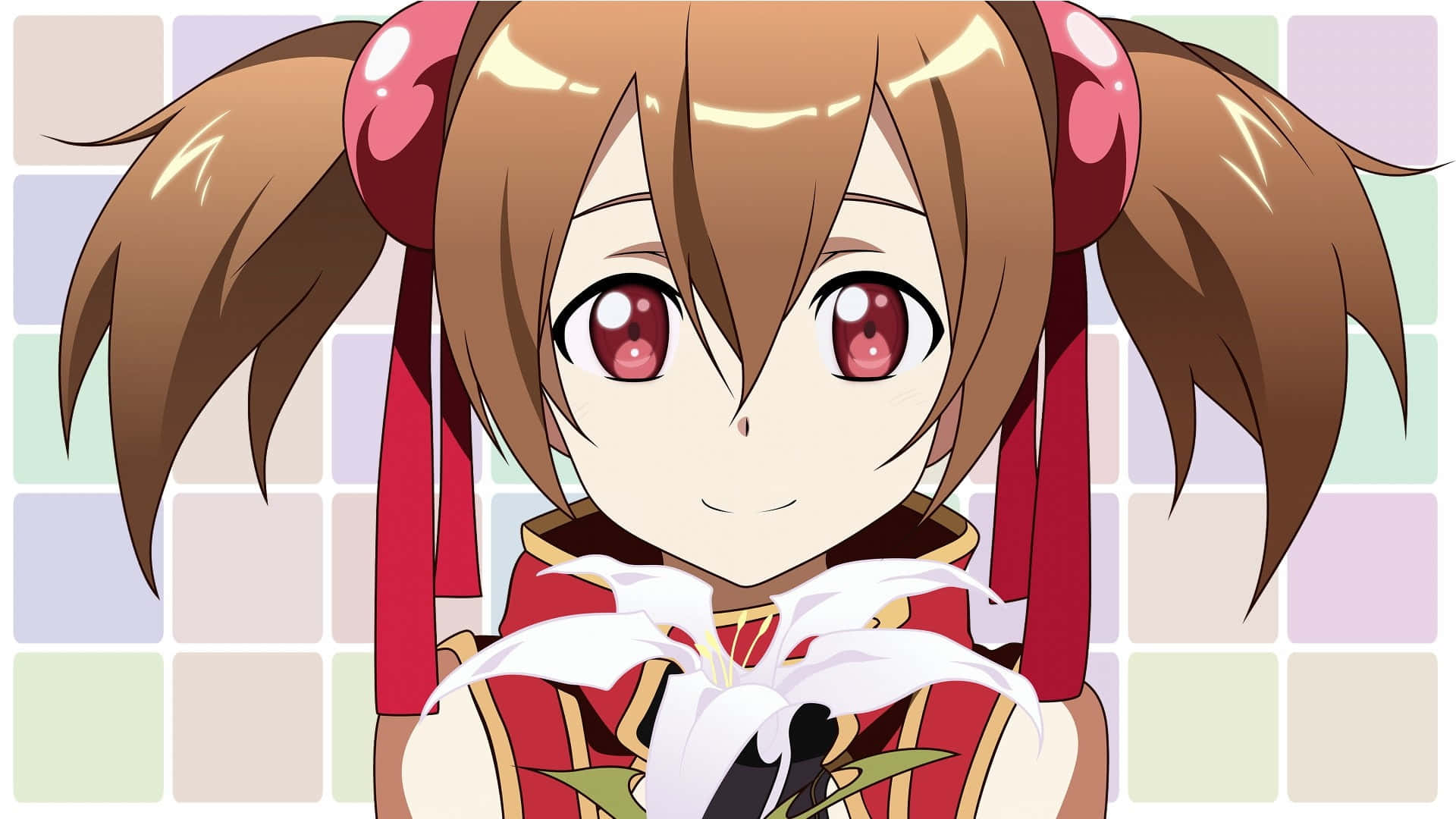 Sword Art Online Silica 桌布 壁紙 — 擁有棕色雙馬尾和紅色眼睛的動漫女孩，在粉彩瓷磚背景前手持一朵白色百合花。