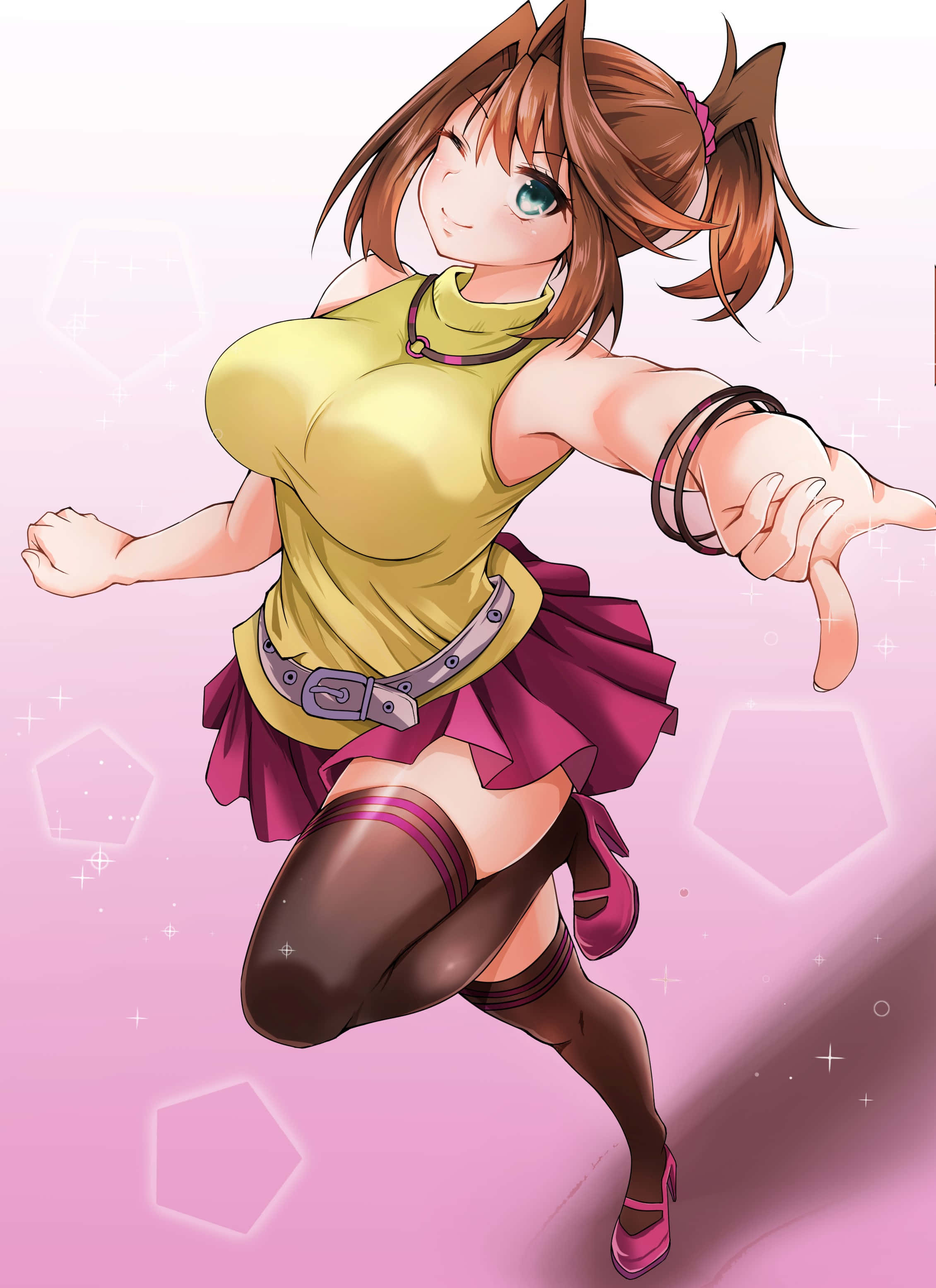 Tea Gardner 桌布 壁紙 — 擁有棕色雙馬尾和綠色眼睛的動漫女孩，穿著黃色上衣和紫色裙子，在發光的粉紅色六邊形背景前歡快地跳躍。