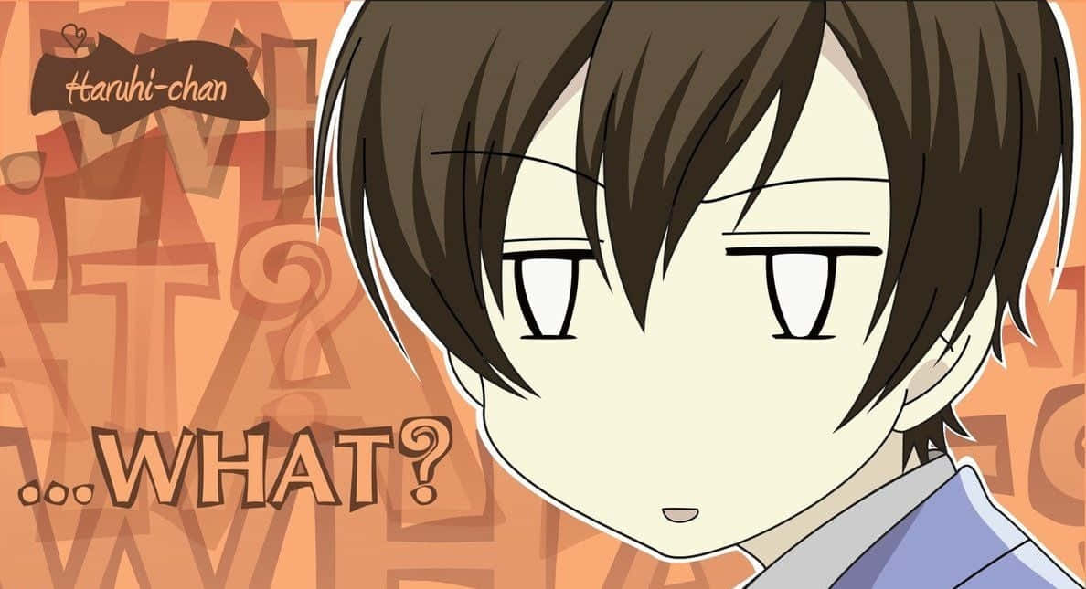 haruhi fujioka 桌布 壁紙 — 擁有棕色頭髮和大眼睛的動漫角色，在重複的問號和文字背景前顯得很困惑。