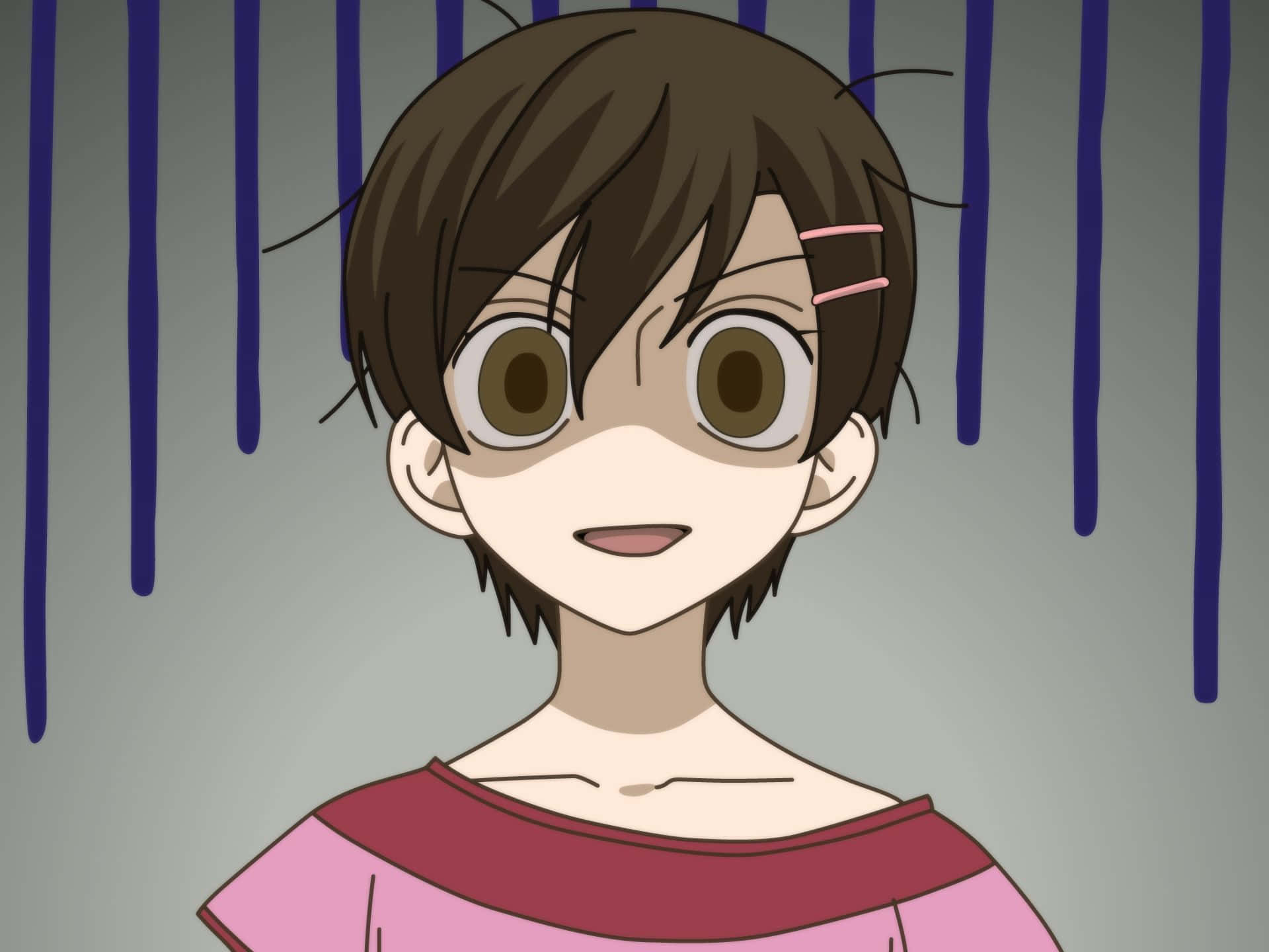haruhi fujioka 桌布 壁紙 — 擁有棕色頭髮和粉紅色髮夾的動漫女孩，在帶有藍色垂直水滴的灰色牆壁前溫柔微笑。