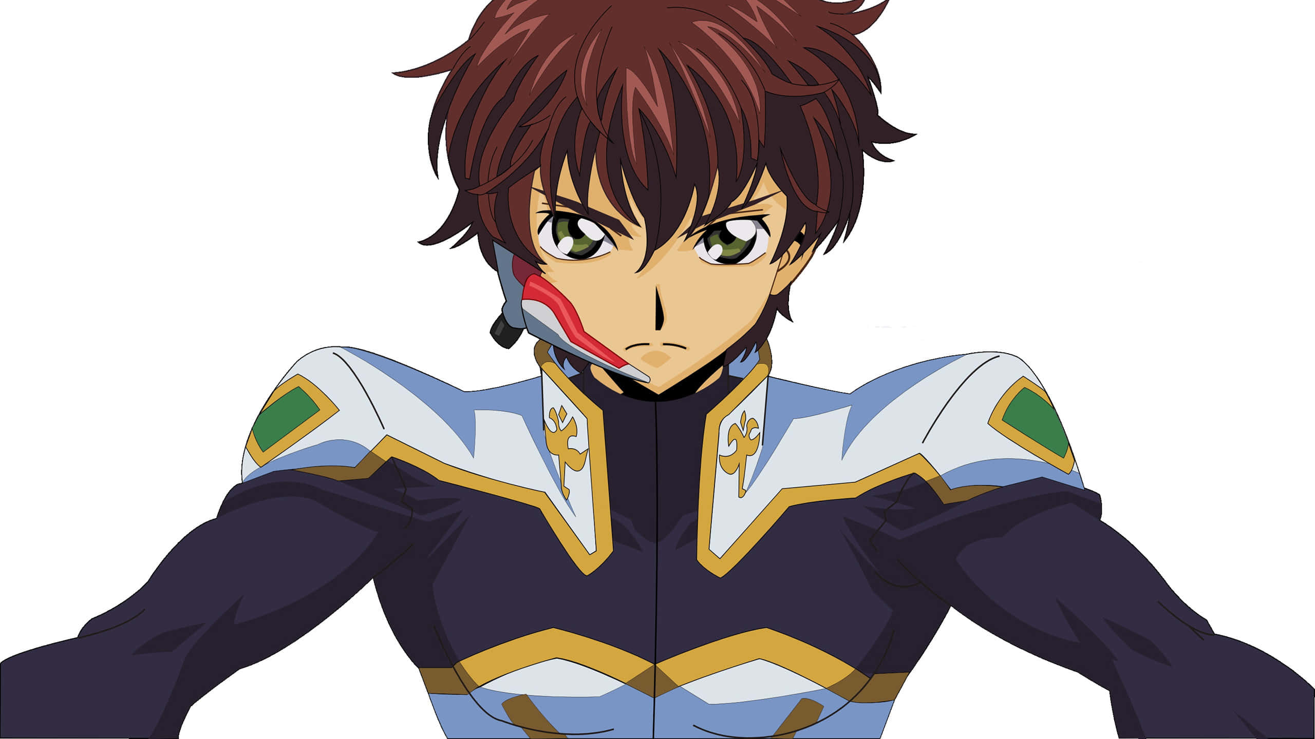 Suzaku Kururugi 桌布 壁紙 — 擁有棕色頭髮和綠色眼睛的動漫角色，在純白色背景前穿著細節豐富的藍白金色飛行員服。