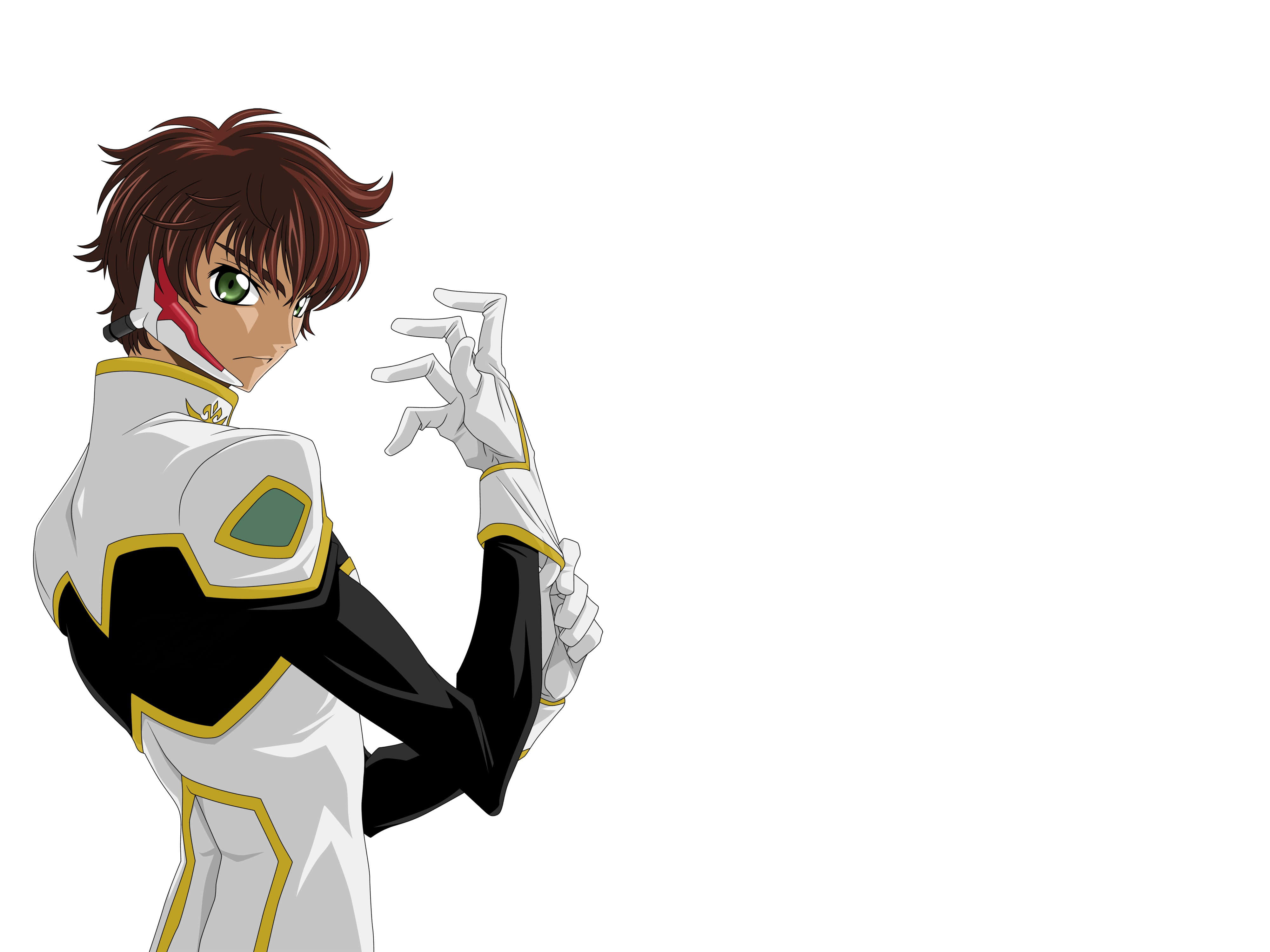 Suzaku Kururugi 桌布 壁紙 — 擁有棕色頭髮和綠色眼睛的動漫角色，身穿白色、黑色和金色制服，在純白色背景前自信地擺姿勢。