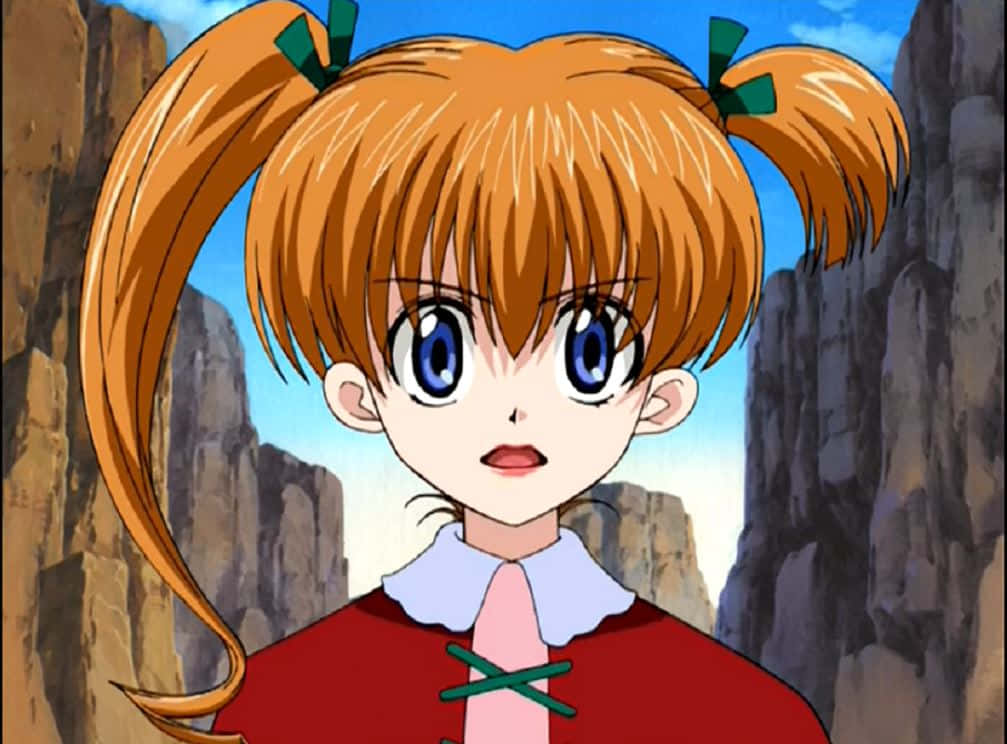 Biscuit Krueger 桌布 壁紙 — 擁有橙色雙馬尾和藍色眼睛的動漫女孩，站在晴朗藍天下岩石峽谷中。
