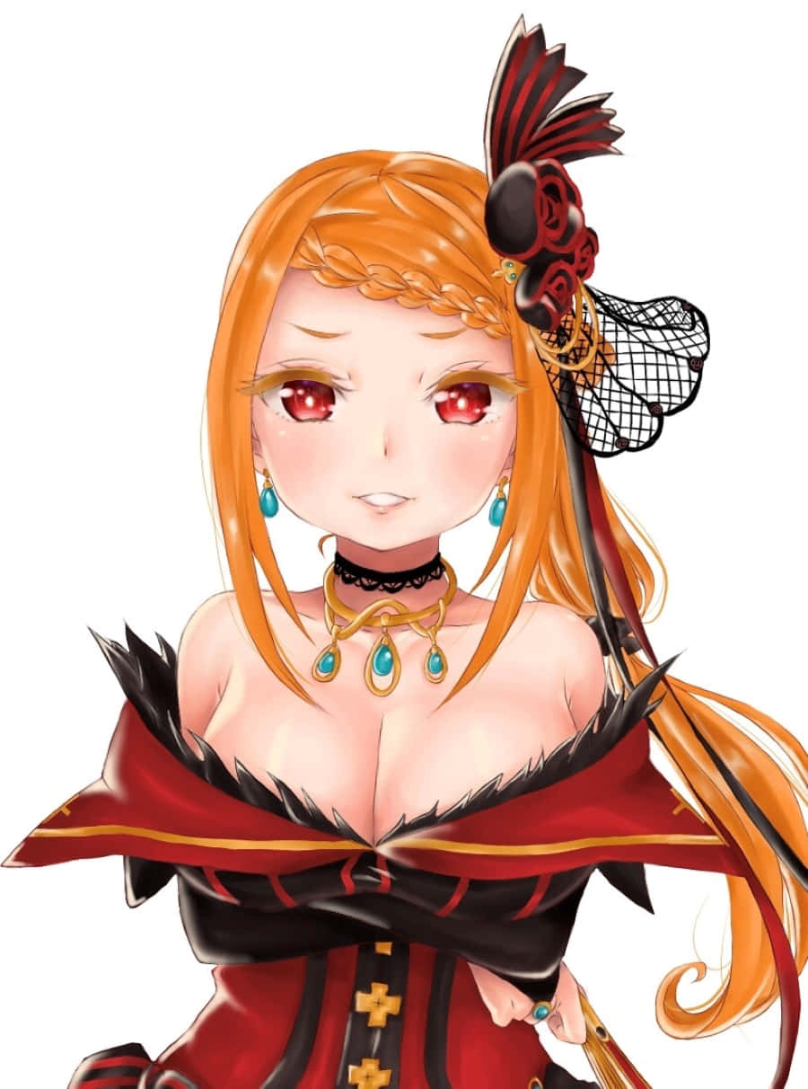 Priscilla Barielle 桌布 壁紙 — 擁有橙色頭髮和紅色眼睛的動漫女孩，穿著帶有羽毛配飾的紅黑哥德式服裝。