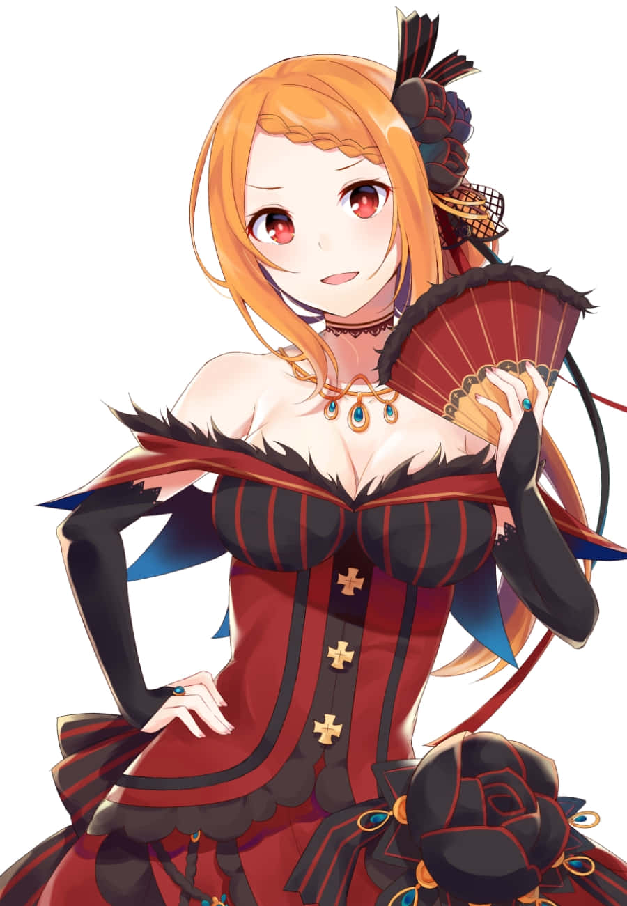 Priscilla Barielle 桌布 壁紙 — 擁有橙色頭髮和紅色眼睛的動漫女孩，穿著紅色和黑色的束腰連衣裙，手持扇子。
