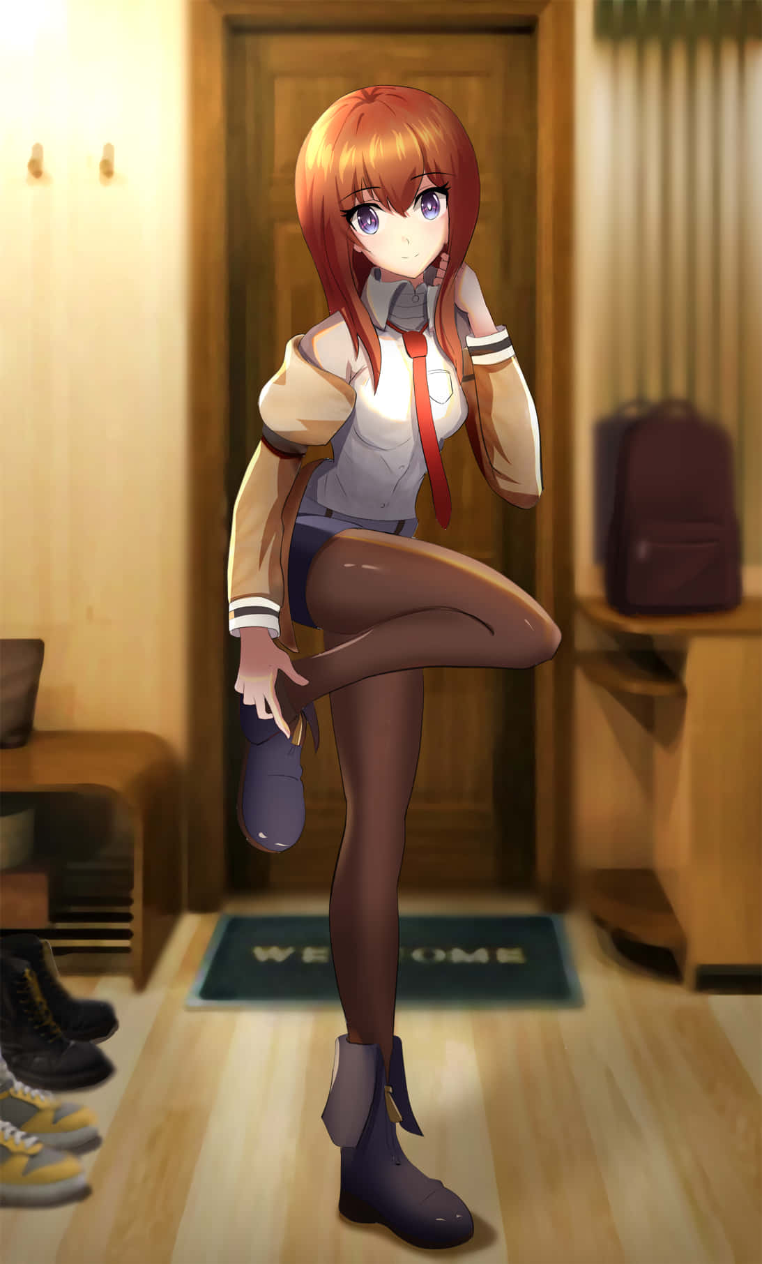 kurisu makise 桌布 壁紙 — 擁有橙色頭髮和紫色眼睛的動漫女孩，在溫暖照明的木製走廊中穿著校服和靴子伸展身體。