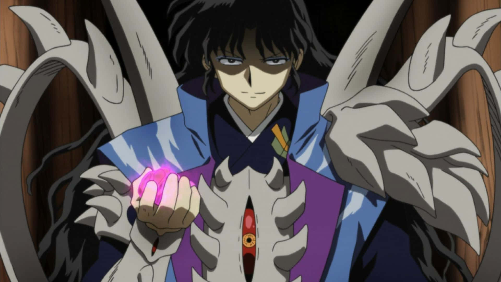 Naraku 桌布 壁紙 — 擁有深色頭髮、手中持有發光粉紅色球體並被骨狀翅膀包圍的動漫角色。