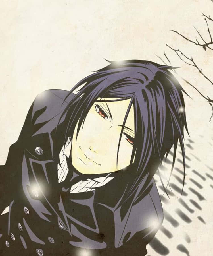 sebastian michaelis 桌布 壁紙 — 擁有深色頭髮和紅色眼睛的動漫角色，在光禿的樹枝和柔和光線的背景下溫柔微笑。