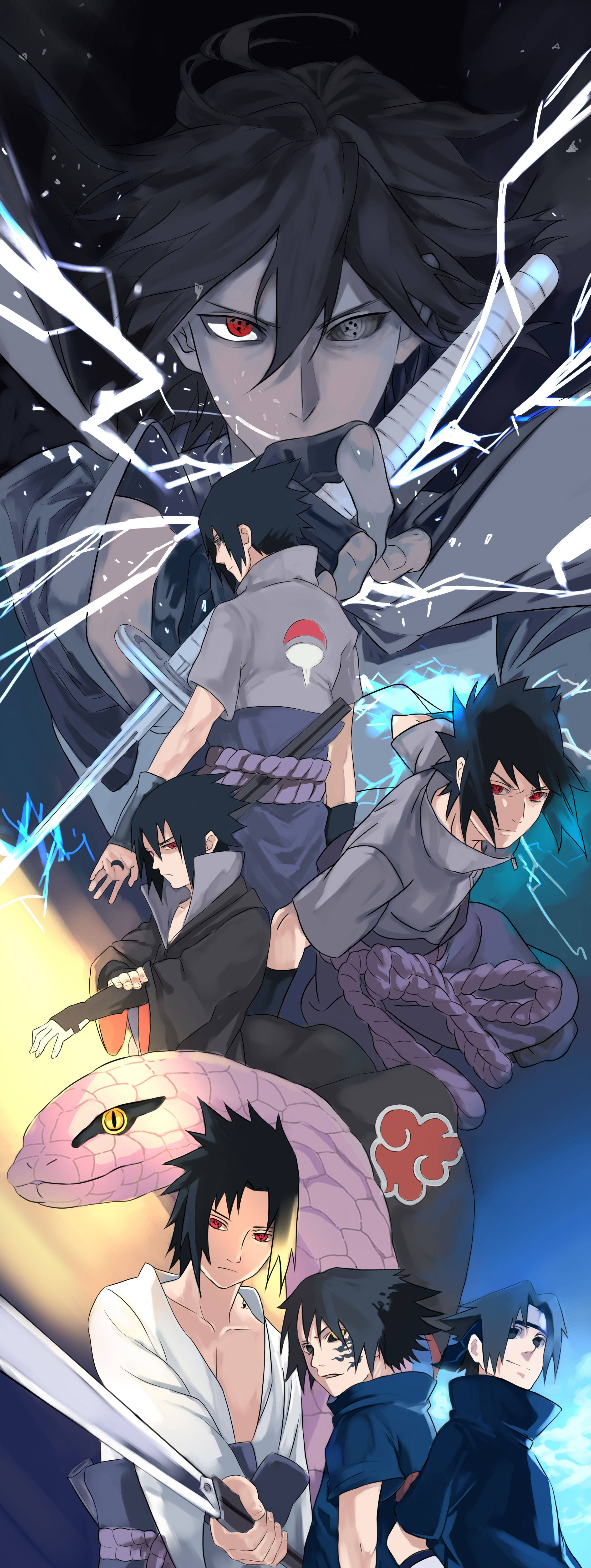 sasuke uchiha 桌布 壁紙 — 擁有深色頭髮和紅色眼睛的動漫角色在電藍色能量和一條巨大的粉紅色蛇中揮舞著劍。