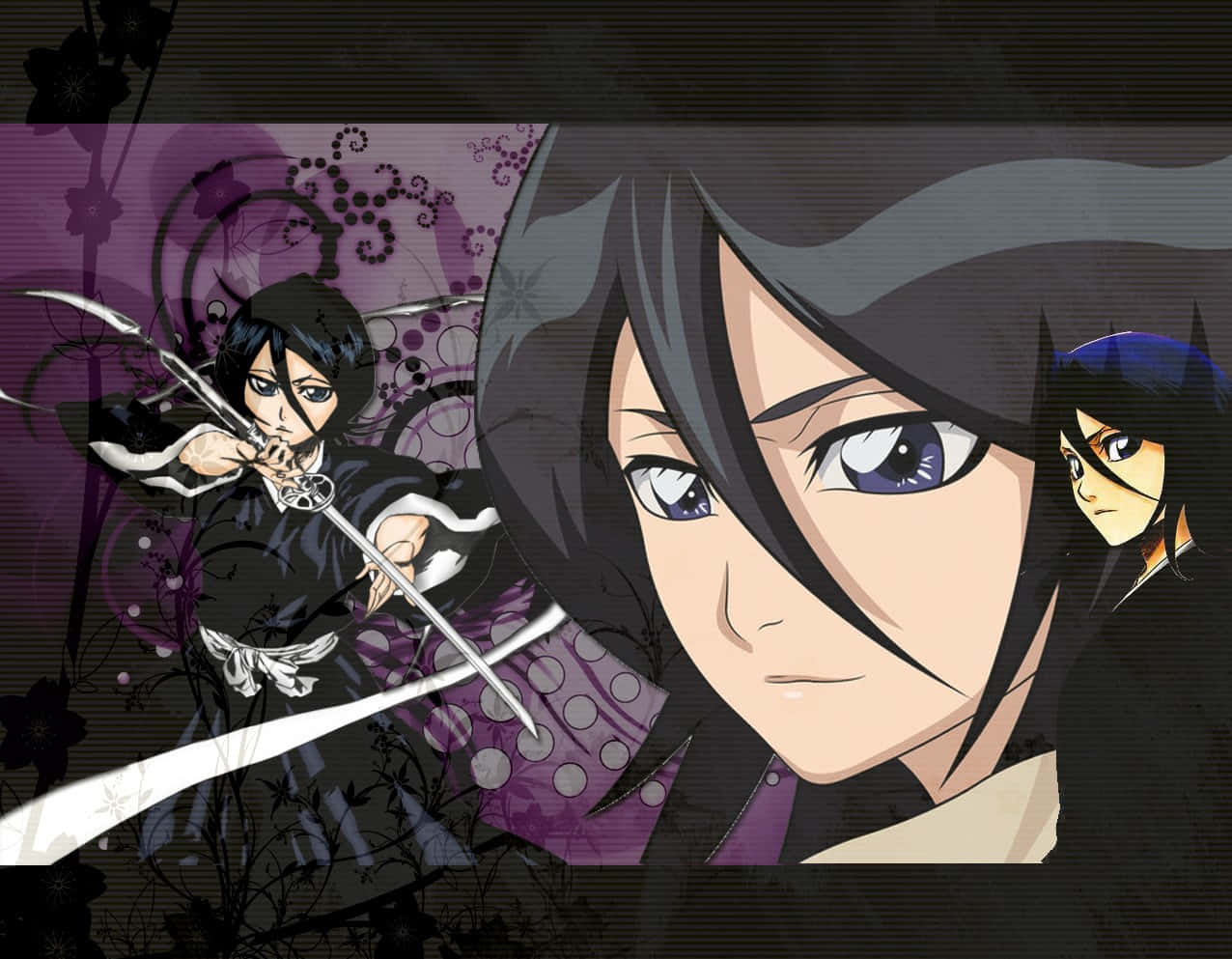 Rukia Kuchiki 桌布 壁紙 — 擁有深色頭髮和紫色眼睛的動漫角色，手持劍，站在旋轉的紫色花卉背景前。