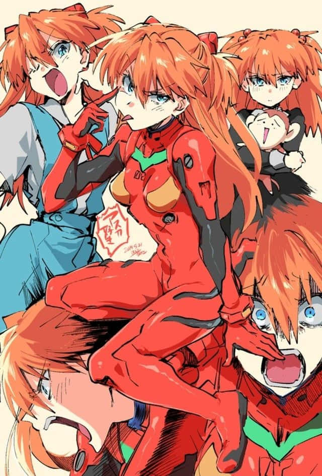 Asuka Langley Soryu 桌布 壁紙 — 擁有火橙色頭髮和藍色眼睛的動漫角色，穿著紅色和綠色服裝，在純色背景前動感地擺姿勢。