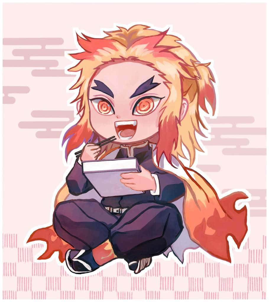 Rengoku Chibi 桌布 壁紙 — 擁有火橙色頭髮和銳利眼神的Q版動漫角色，在柔和的粉紅色雲朵背景下，開心地用筷子從盒子裡吃東西。