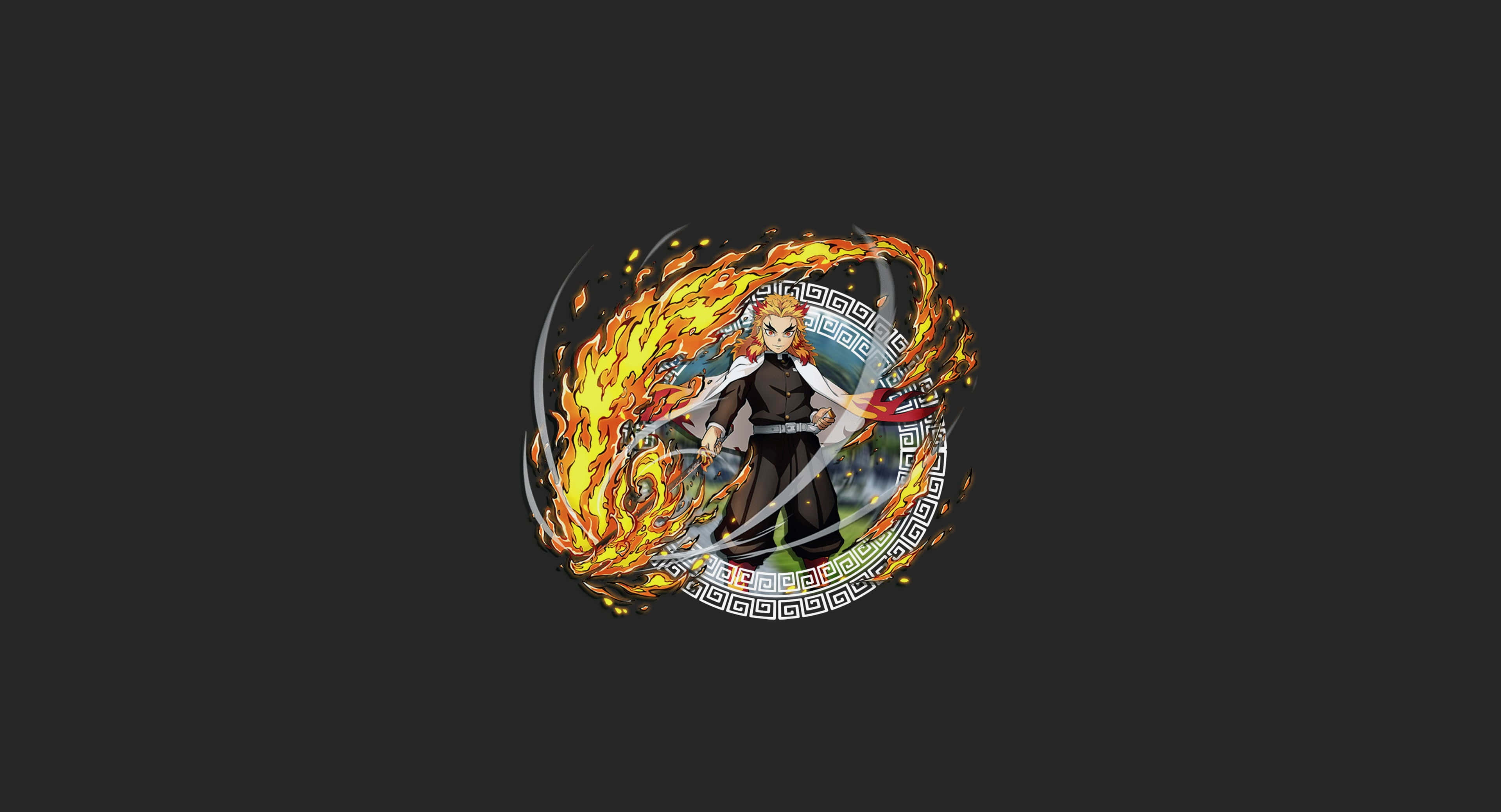 Rengoku Minimalist 桌布 壁紙 — 擁有火橙色頭髮和黑色服裝的動漫角色，被旋轉的火焰和發光的劍擊包圍，背景為深色。