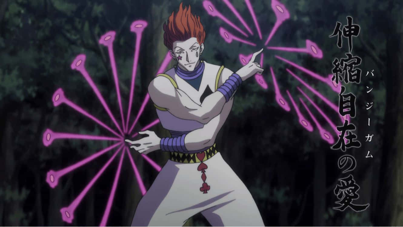 Hisoka Morow 桌布 壁紙 — 擁有火焰般頭髮的動漫角色在黑暗森林中釋放出粉紅色能量尖刺。