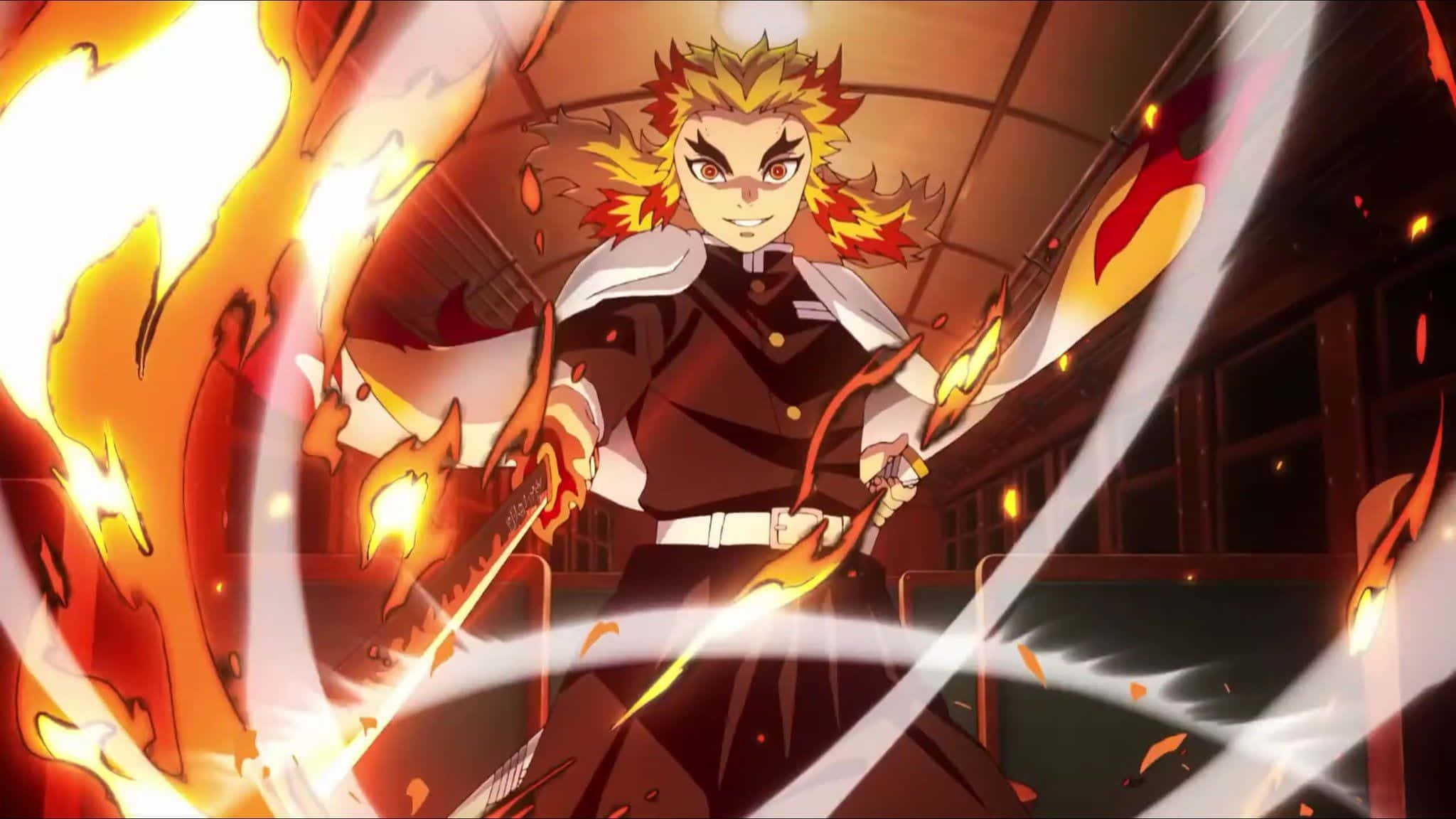 Demon Slayer Fight 桌布 壁紙 — 擁有火焰頭髮和劍的動漫戰士在激烈的戰鬥場景中劃破空氣。