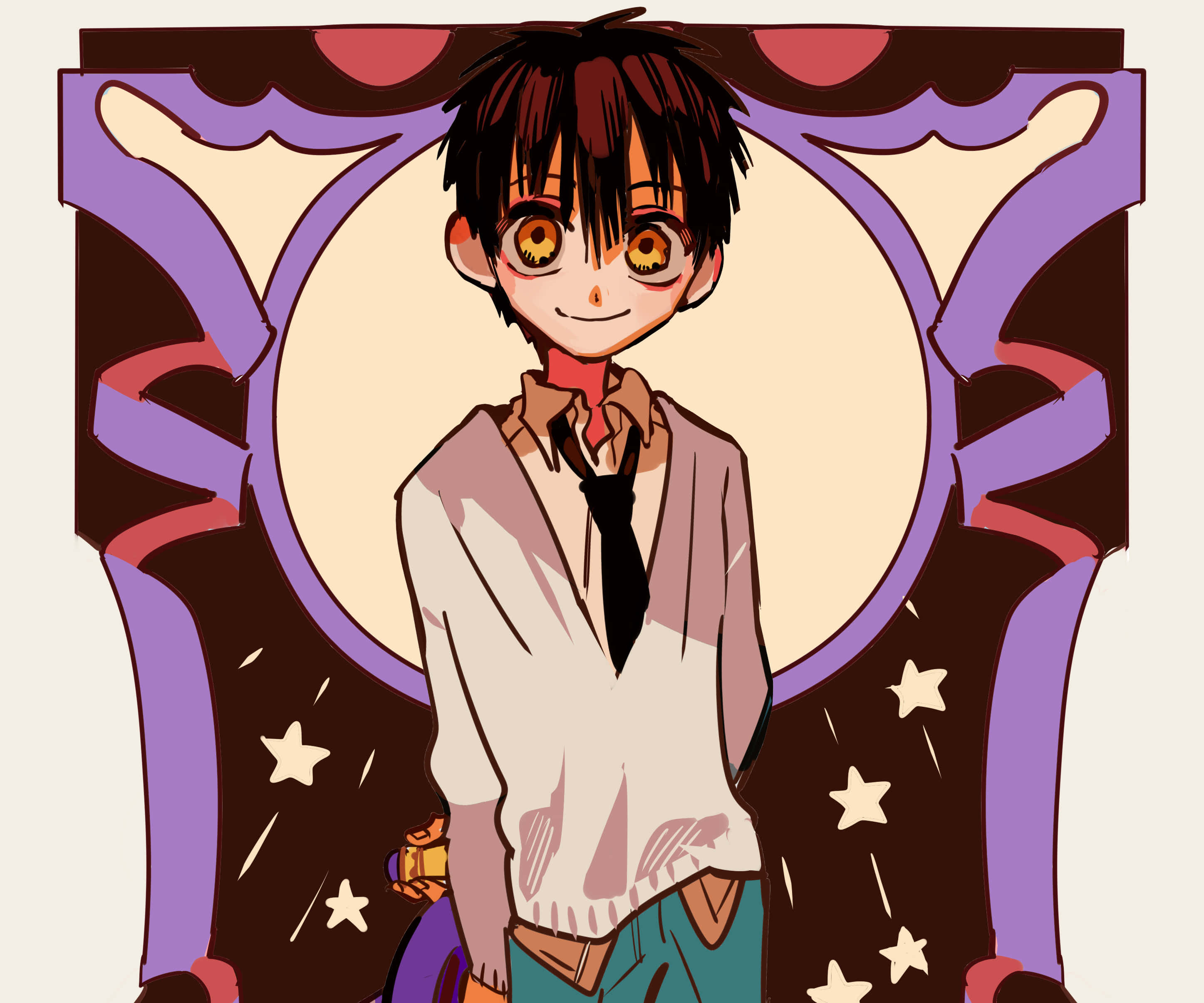 Toilet Bound Hanako Kun 桌布 壁紙 — 擁有琥珀色發光眼睛的動漫男孩微笑著調整領帶，背景是星光點點的紫色華麗框架。