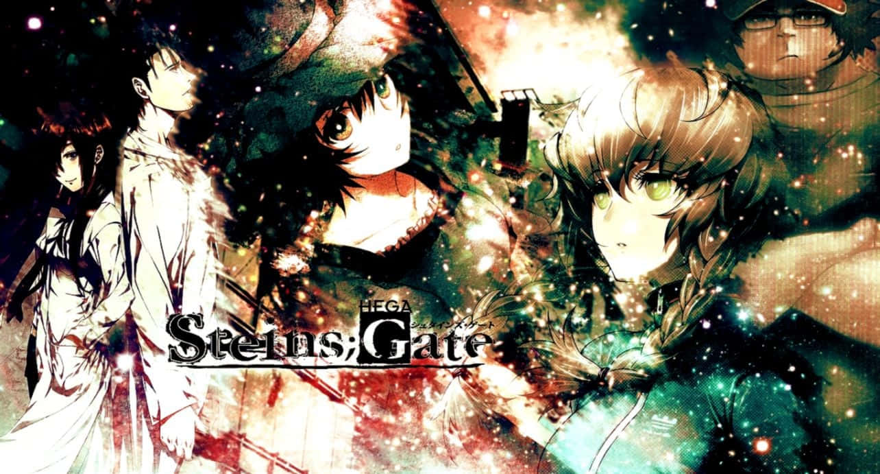 Steins Gate 桌布 壁紙 — 擁有發光眼睛的動漫角色站在戲劇性、風格化的場景中，周圍是熾熱的宇宙粒子。