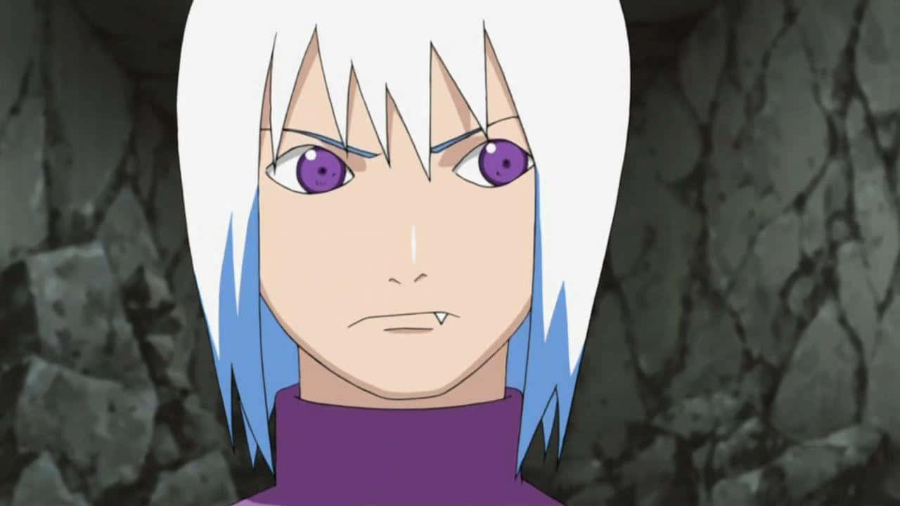 Suigetsu Hozuki 桌布 壁紙 — 擁有白色和藍色頭髮及紫色眼睛的動漫角色，在黑暗岩石背景下強烈凝視。