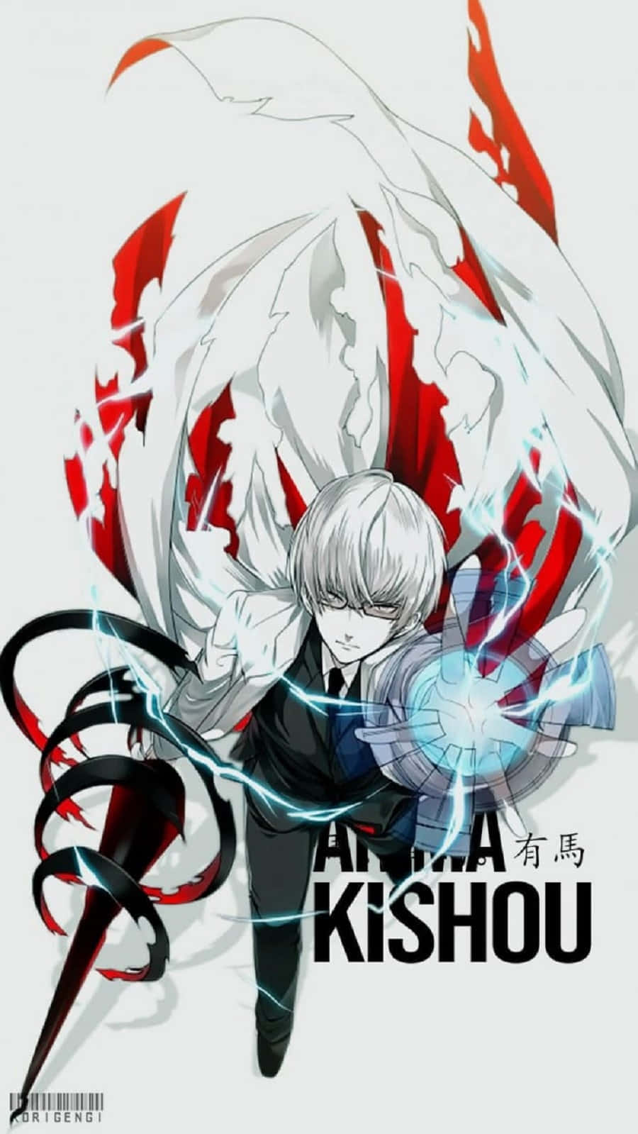 Kishou Arima 桌布 壁紙 — 擁有白髮和紅白翅膀的動漫角色，以動態姿勢引導藍色閃電能量。