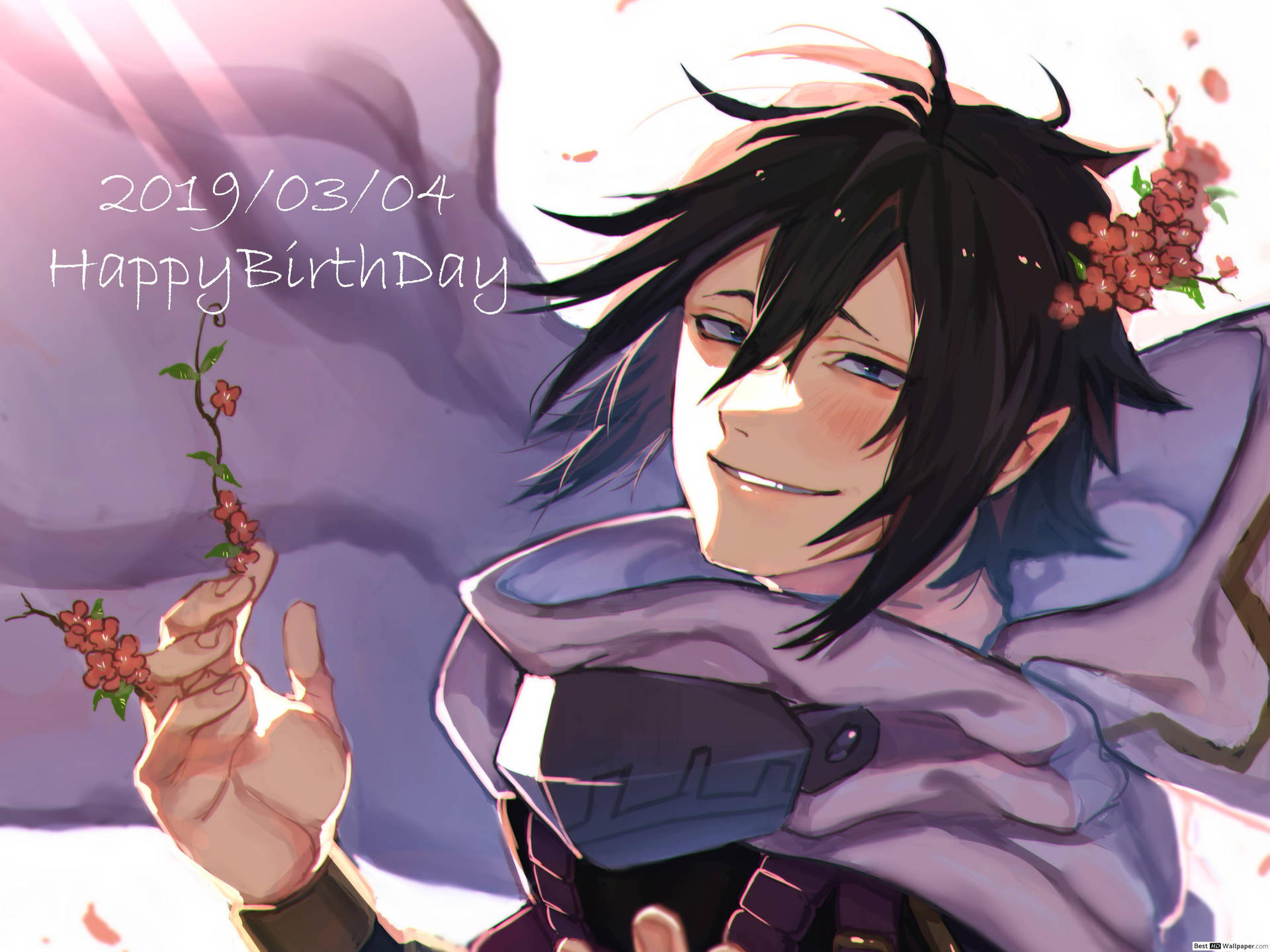 動漫角色手持櫻花，附有生日祝福。