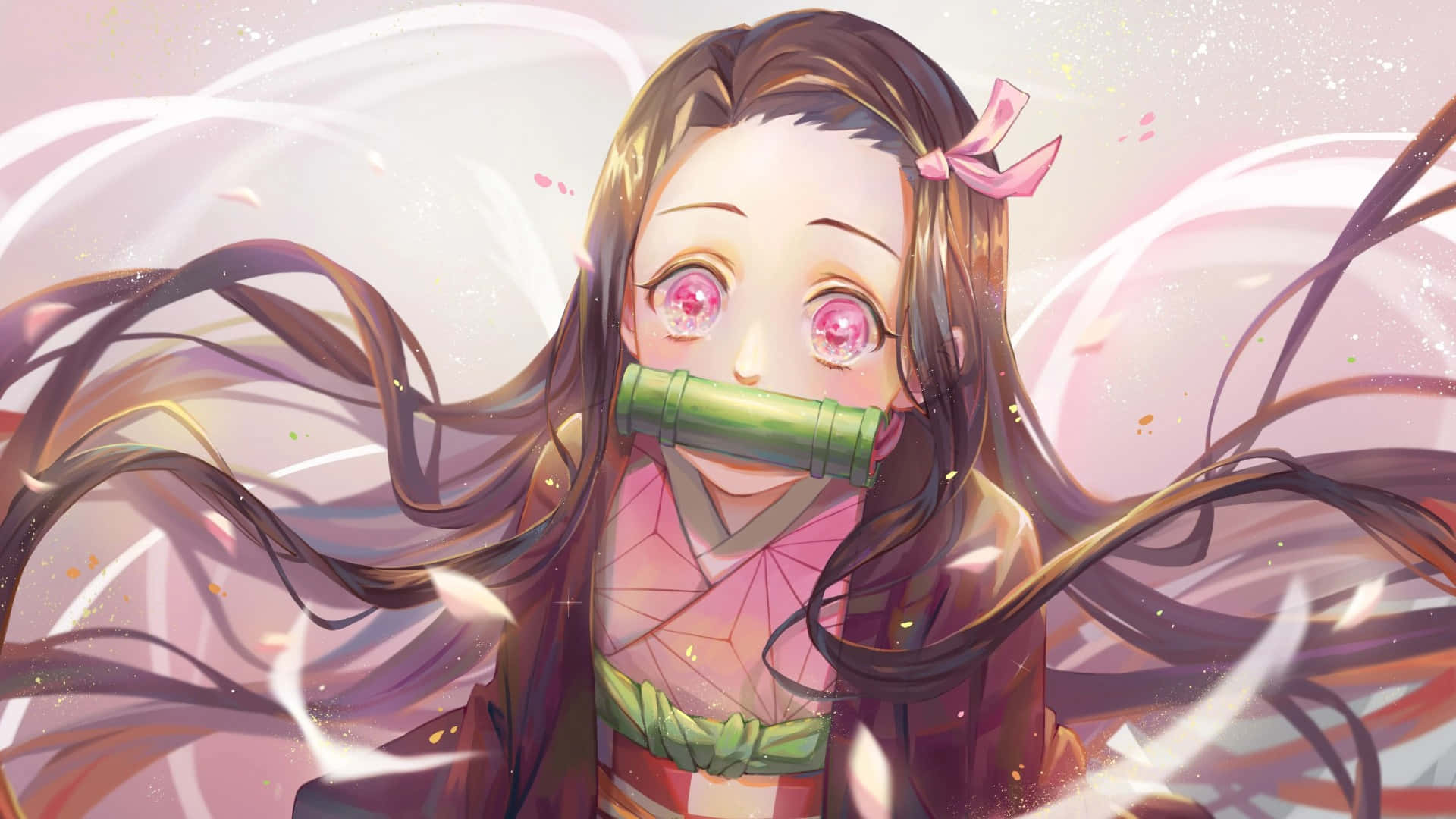 靚靚動畫 桌布 壁紙 — 擁有粉紅色眼睛和飄逸棕色頭髮的動漫女孩，在柔和的粉彩背景上戴著竹製口塞，周圍有飄浮的花瓣。