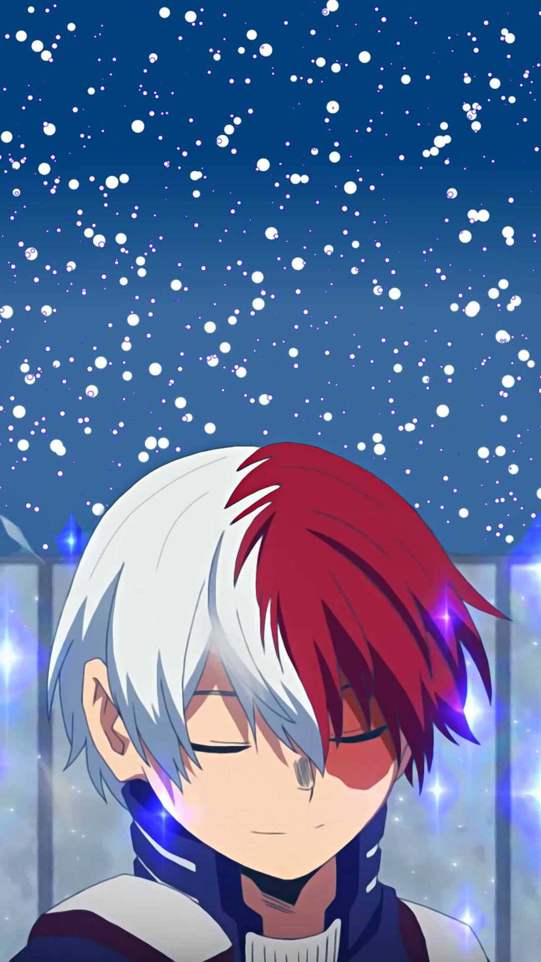 My Hero Academia Aesthetic 桌布 壁紙 — 擁有紅白髮色的動漫角色在閃爍星空下溫柔微笑。