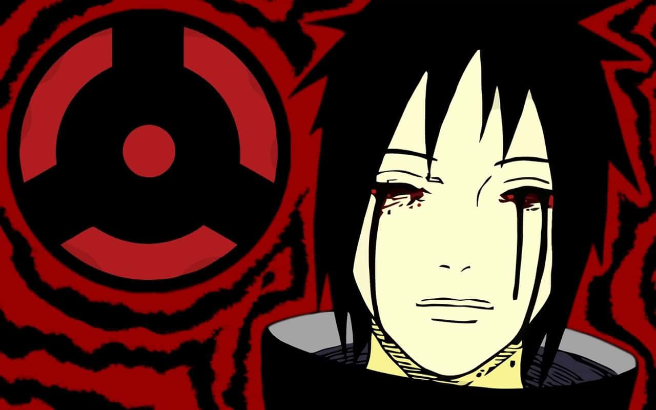 Izuna Uchiha 桌布 壁紙 — 擁有紅色眼睛和黑色頭髮的動漫角色，在帶有寫輪眼符號的旋轉紅色背景前莊嚴站立。