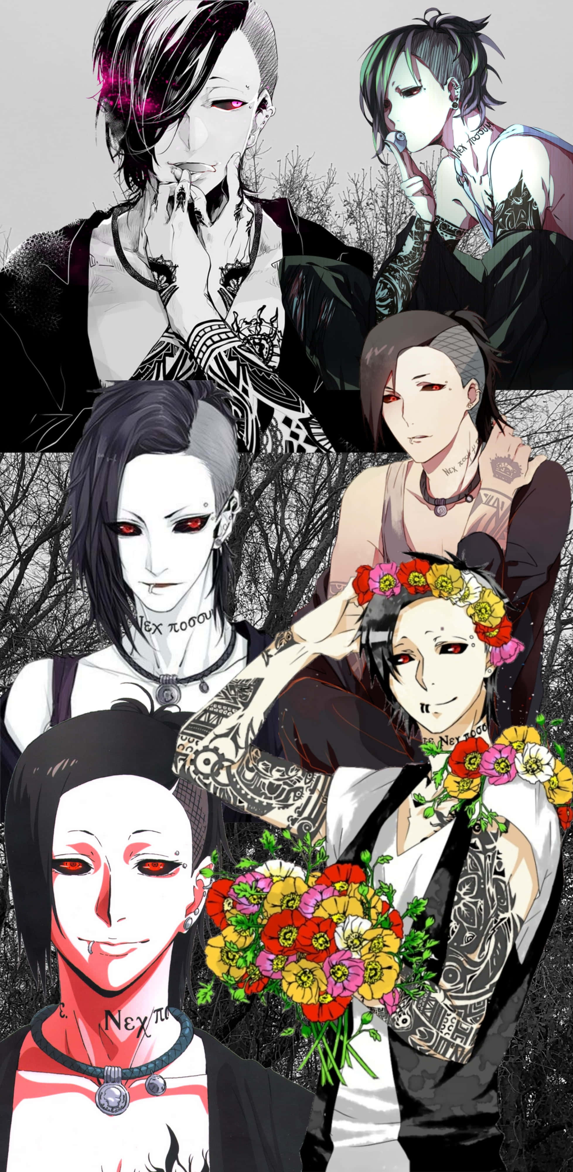 Tokyo Ghoul Uta 桌布 壁紙 — 擁有紋身和紅眼的動漫角色在黑暗的樹木背景下手持色彩繽紛的花朵。